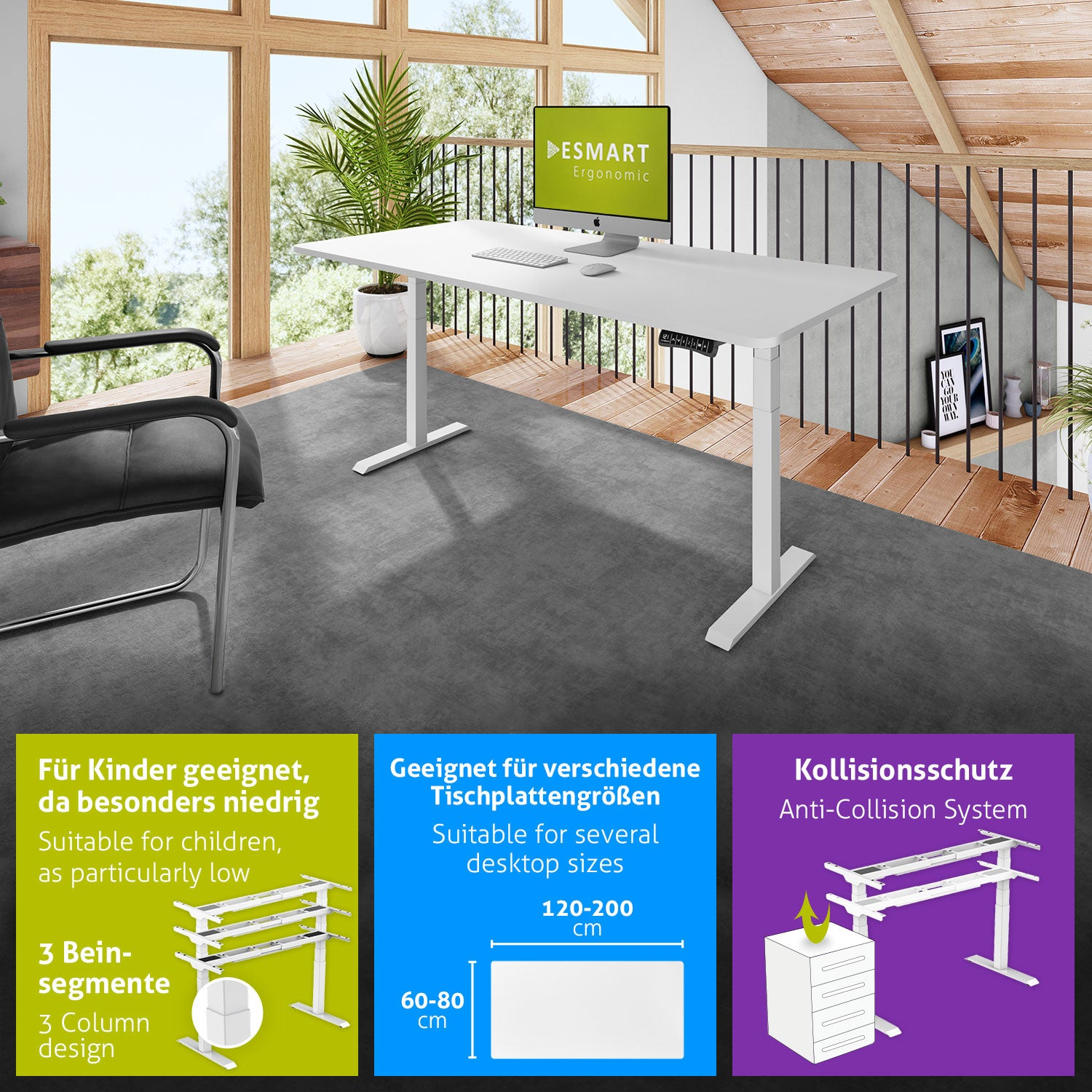 Ein weißer Schreibtisch mit Monitor steht vor einem Fenster. Drei Infografiken zeigen die Eigenschaften des Schreibtisches.