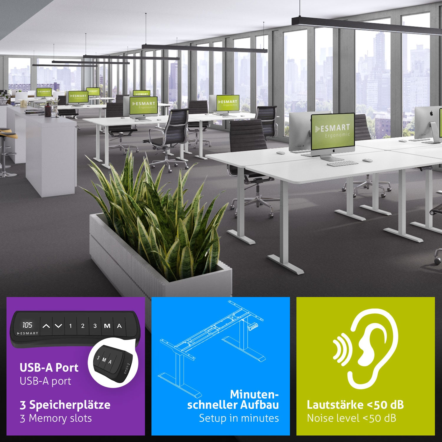 Büro mit Schreibtischen, Computern und Stühlen. Pflanzen in einem Pflanzgefäß. Drei Symbole: USB-Anschluss, Diagramm des verstellbaren Schreibtischrahmens.
