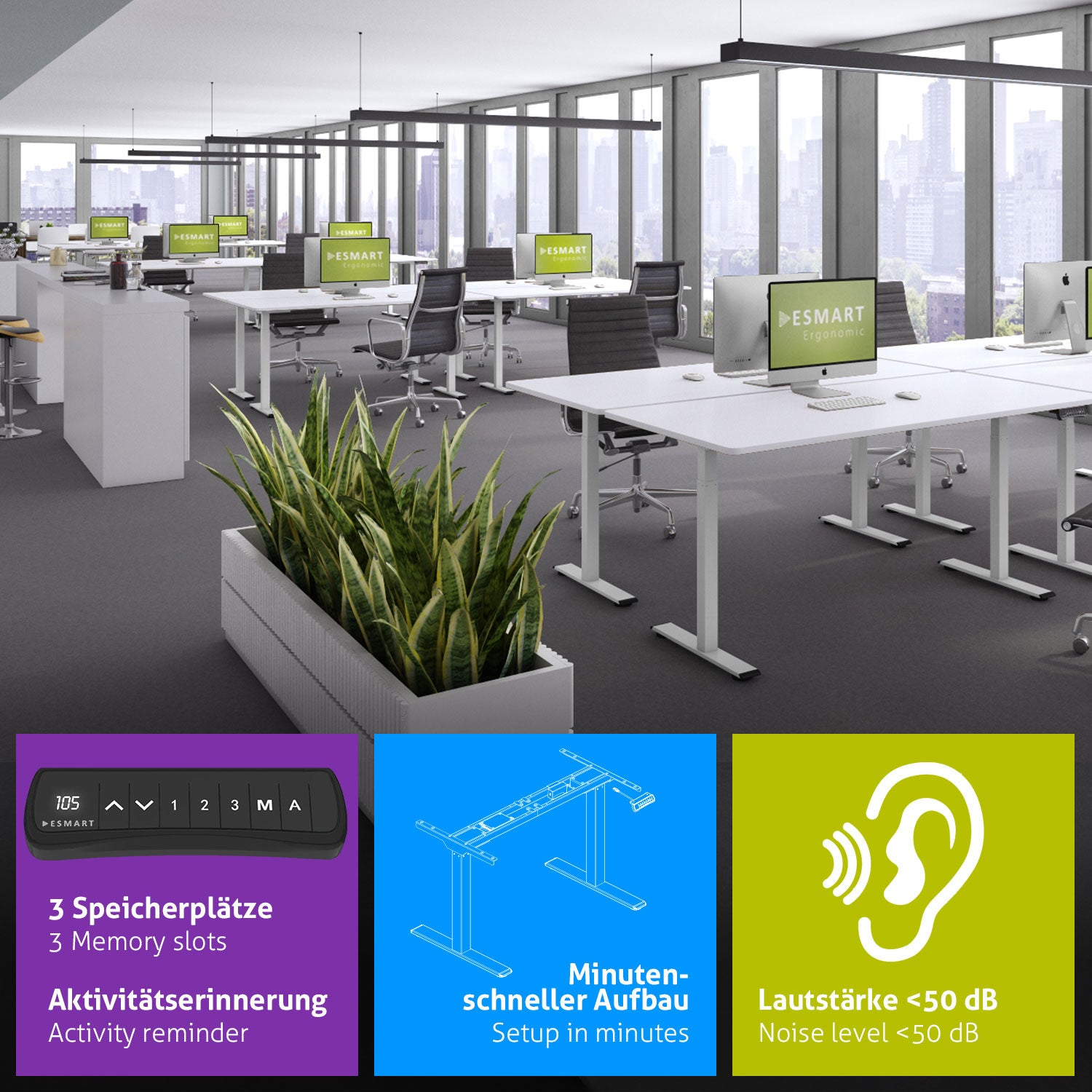 Ein Büro mit mehreren weißen Schreibtischen, Computern und Stühlen. Ein großer Pflanzentopf befindet sich im Vordergrund. Symbole zeigen Funktionen.