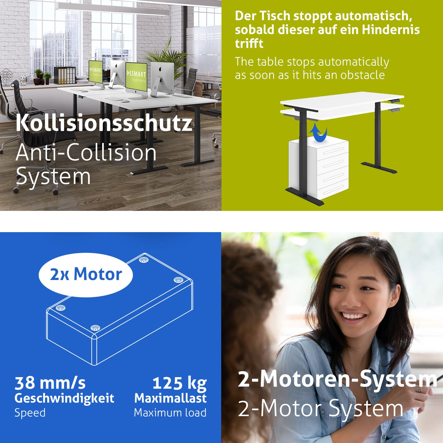 Bürotisch mit Kollisionsschutz, 2x Motor, Geschwindigkeit 38 mm/s, max. Last 125 kg. Frau lächelt im Vordergrund.
