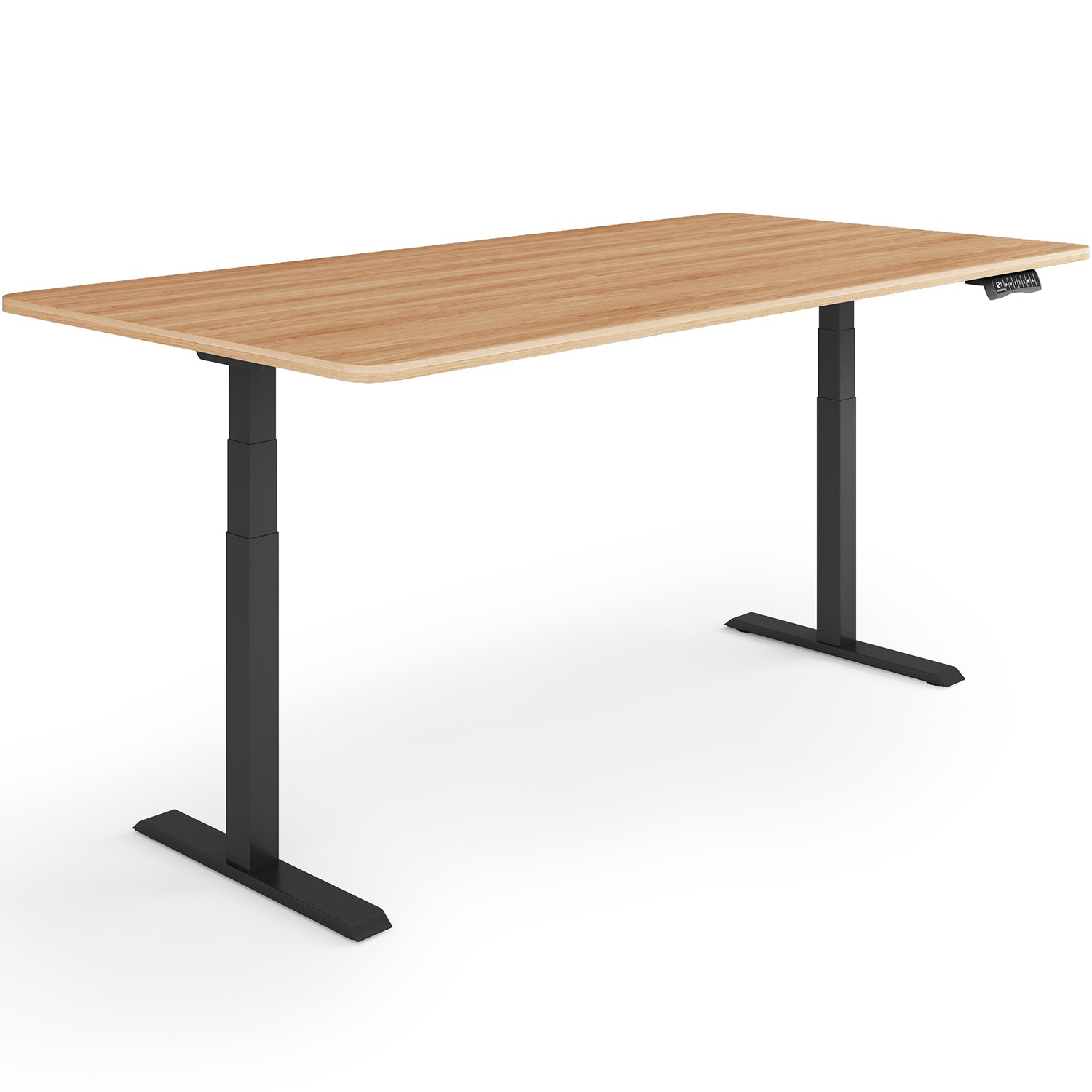 Ein höhenverstellbarer Schreibtisch mit hellbrauner Holzplatte und schwarzen Beinen. Der Schreibtisch steht vor weißem Hintergrund.
