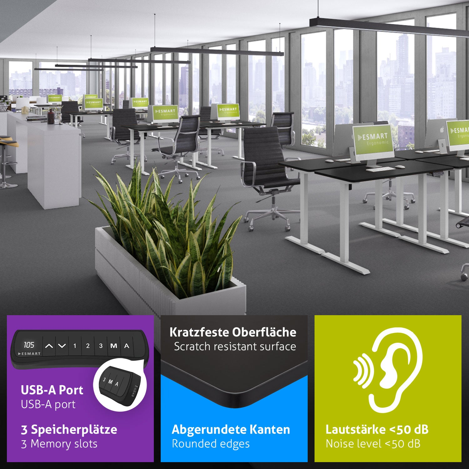 Ein Büro mit Schreibtischen, Stühlen, Pflanzen und Computern. Details zu Kratzfestigkeit, abgerundeten Kanten, Geräuschpegel und USB-A-Anschluss.