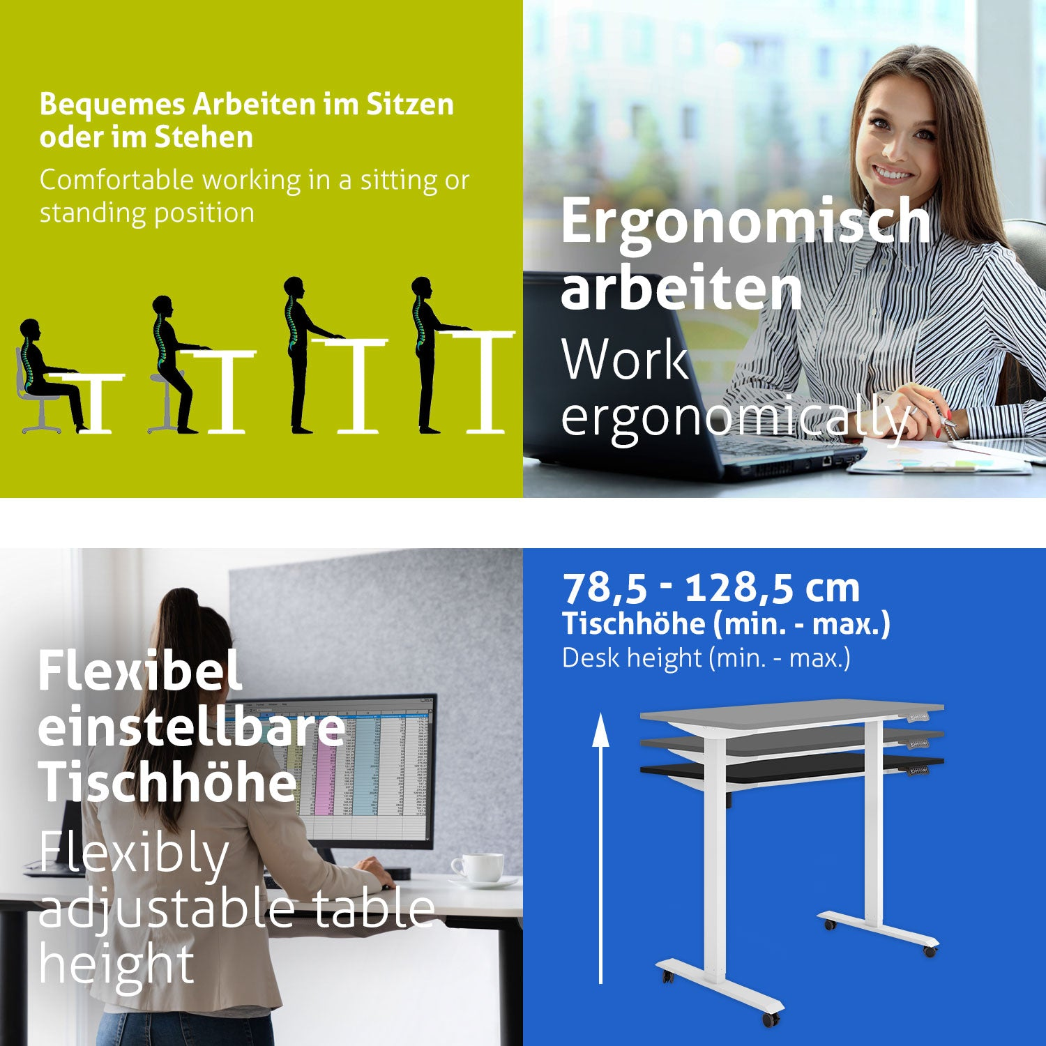 Das Bild zeigt ergonomische Arbeitsplatzkonzepte mit Menschen, Tischen und Text. Es hebt Sitzen, Stehen und verstellbare Tischhöhe hervor.