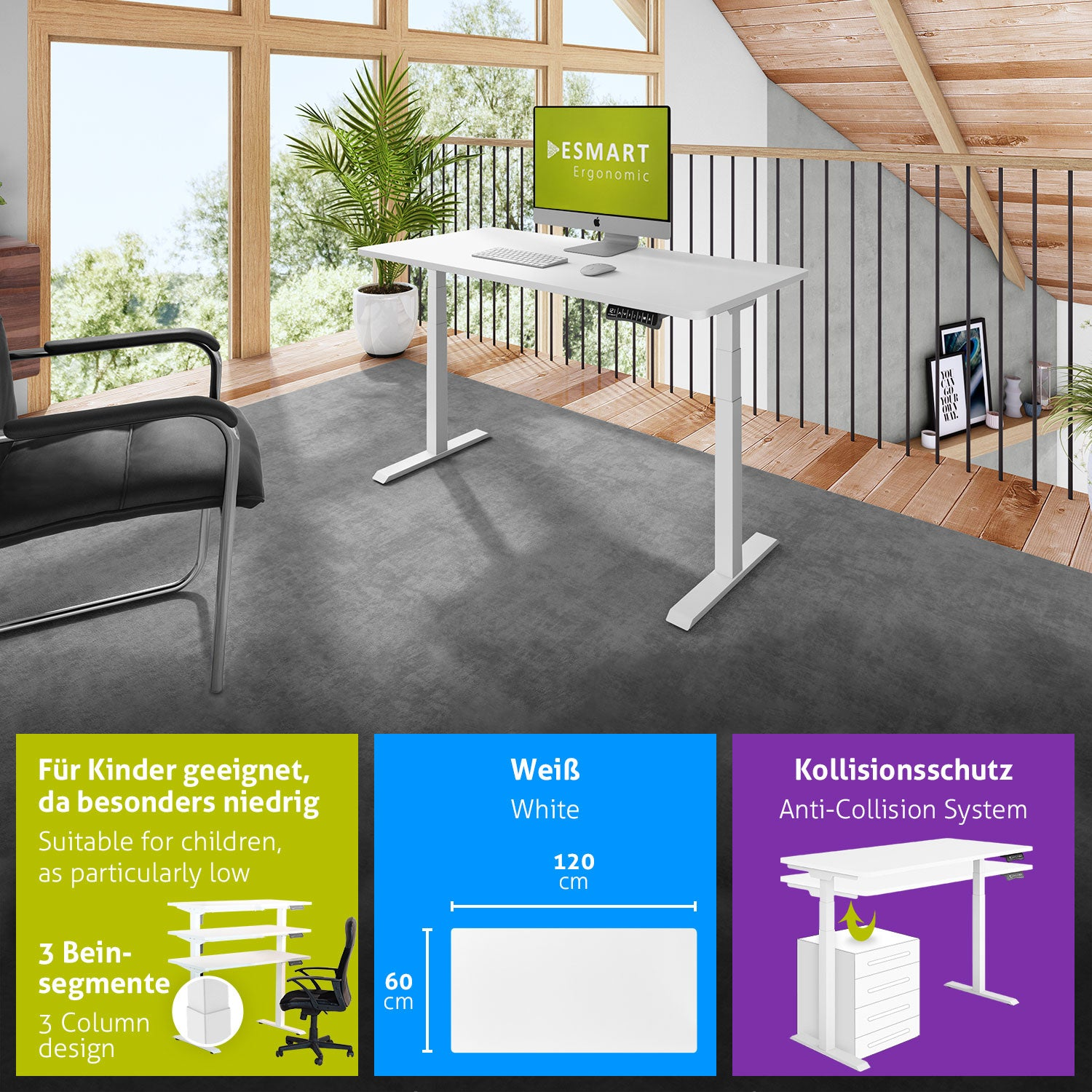 Ein weißer, höhenverstellbarer Schreibtisch in einem hellen Raum mit Monitor, Stuhl und Pflanze. Der Hintergrund umfasst Fenster und Holzelemente.