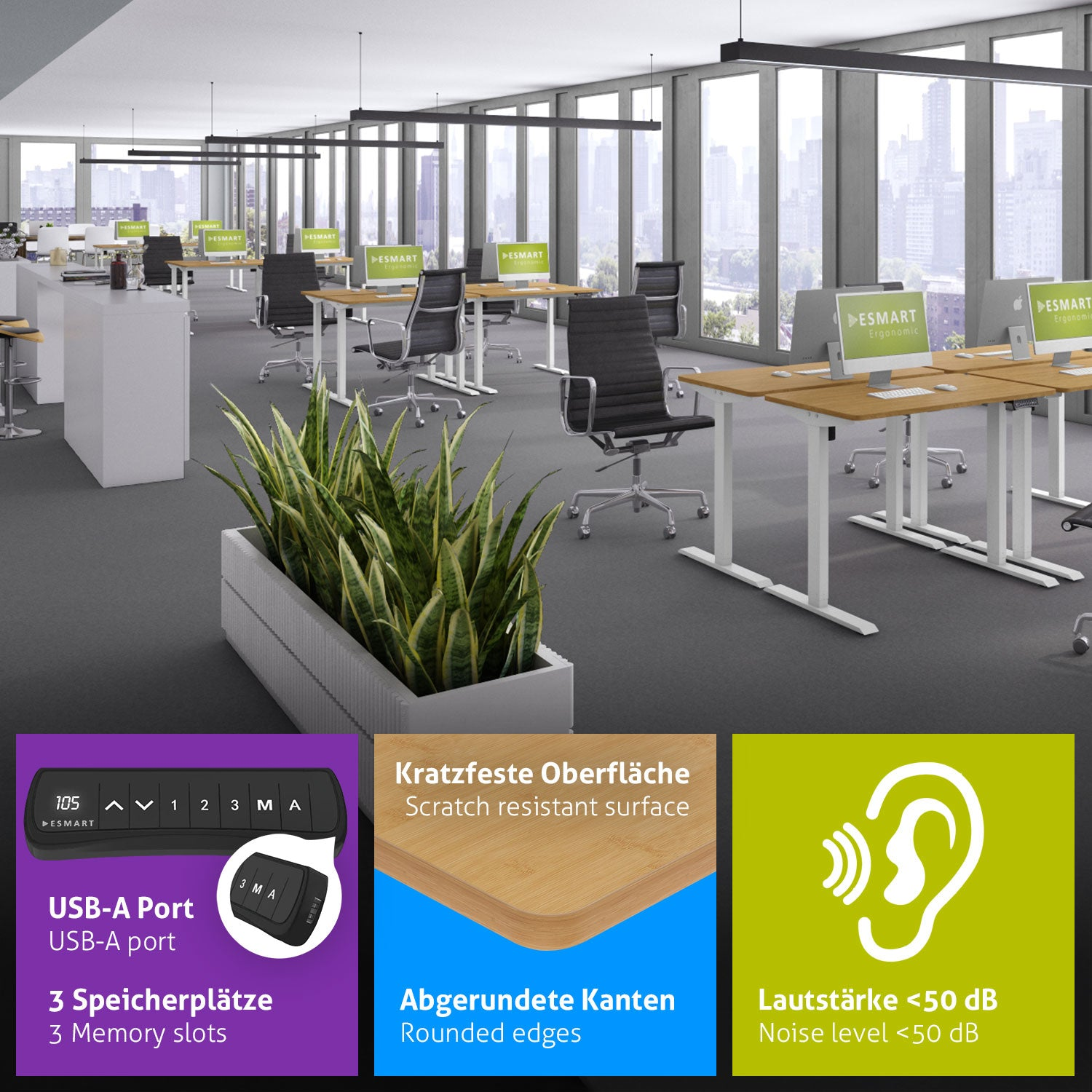 Ein Büro mit Schreibtischen, Stühlen, Computern und Pflanzen. Zu den Merkmalen gehören USB-A-Anschluss, abgerundete Kanten und Geräuschpegel unter 50 dB.