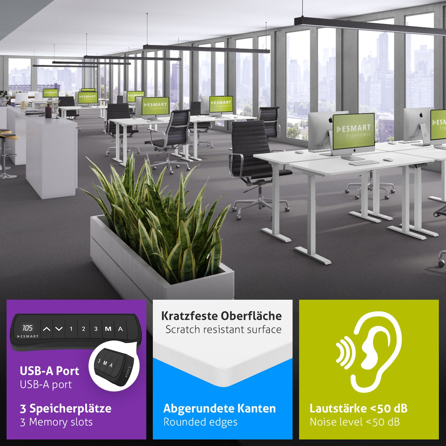 Ein Büro mit Schreibtischen und Computern. Pflanzen in einem Pflanzgefäß befinden sich im Vordergrund. Gezeigte Merkmale: USB-Anschluss, Kratzfestigkeit und Geräuschpegel.