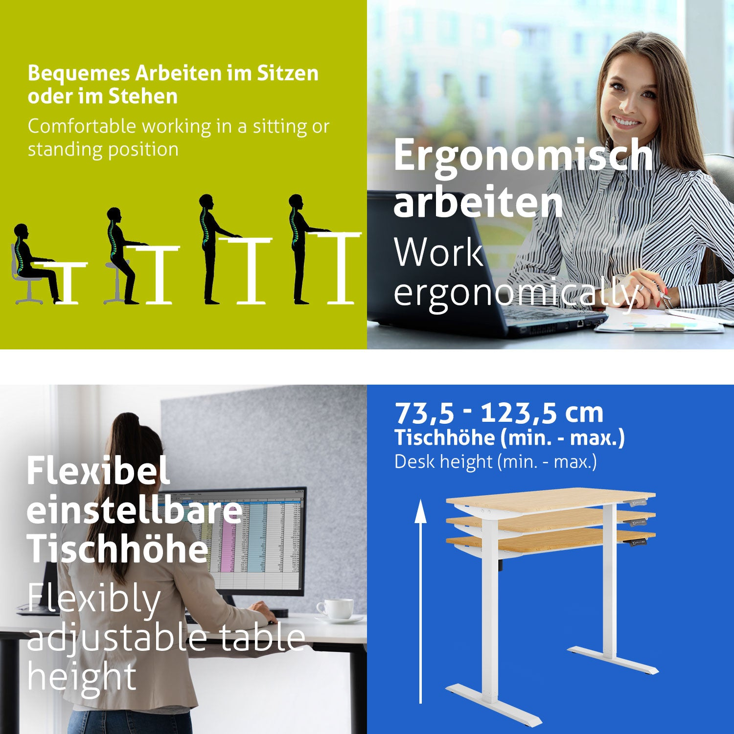 Das Bild zeigt ergonomische Arbeitsplatzoptionen. Es umfasst Illustrationen von Sitz- und Steharbeitsplätzen und einen höhenverstellbaren Schreibtisch.