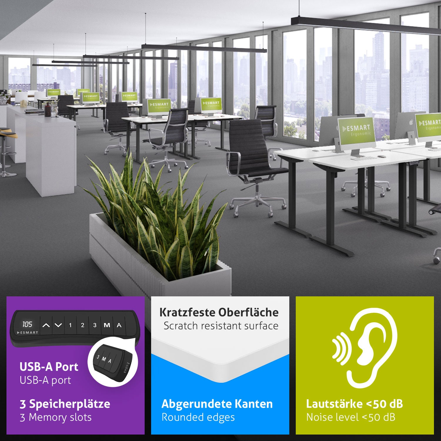 Ein Büro mit Schreibtischen, Stühlen, Computern und Pflanzen. Textfelder heben Funktionen wie USB-Anschluss und Geräuschpegel hervor.