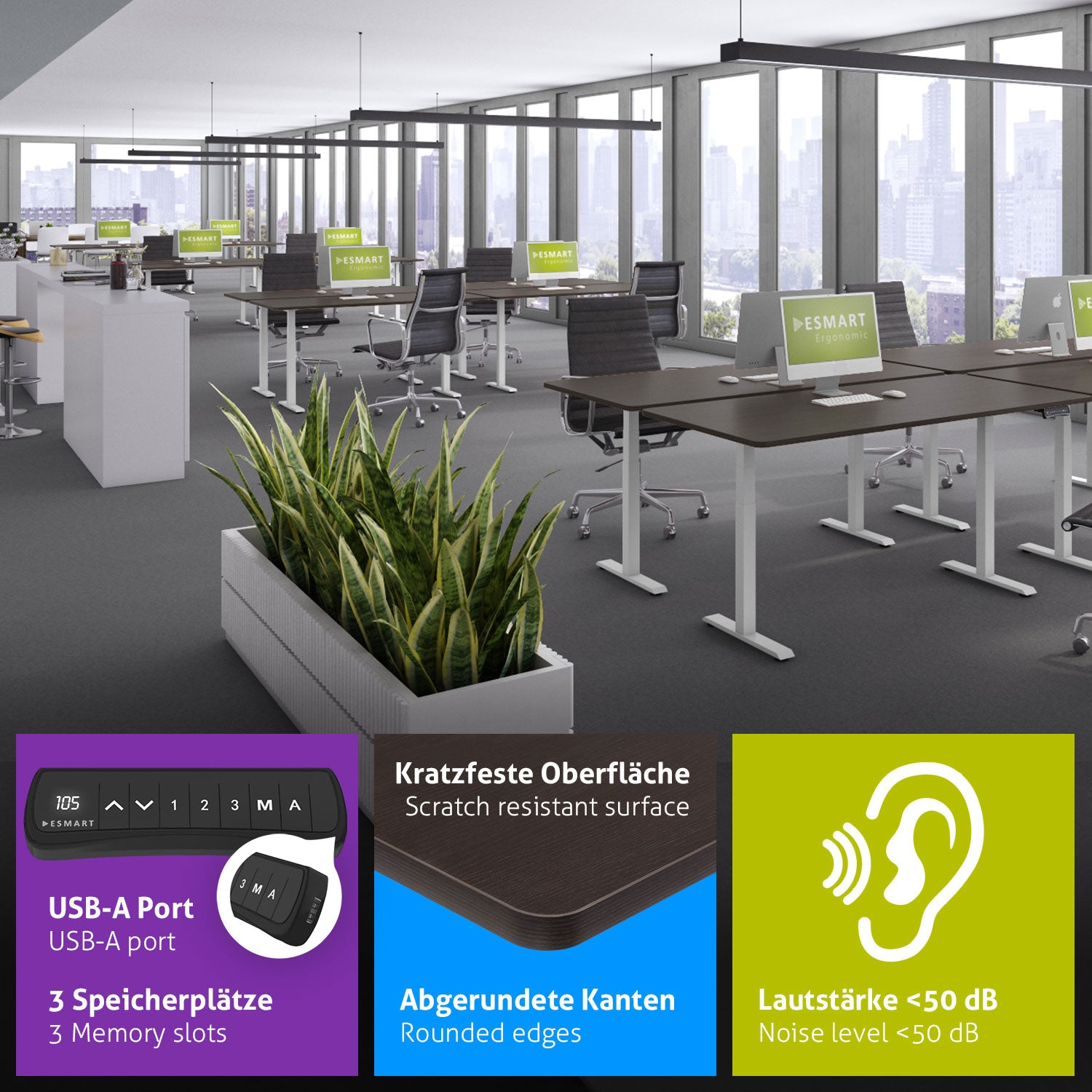 Ein Büro mit Schreibtischen, Stühlen, Computern und Pflanzen. Informationen zu USB-Anschluss, Speicherplätzen, abgerundeten Kanten und Geräuschpegel.
