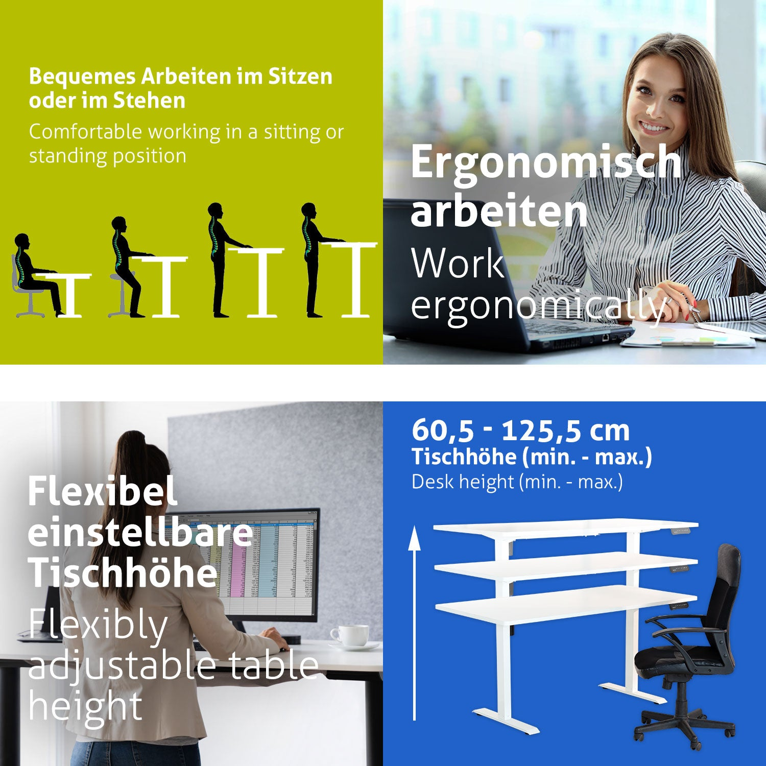 Das Bild zeigt ergonomische Arbeitsplatzoptionen. Es hebt Sitzen, Stehen, verstellbare Tischhöhe und eine Frau hervor, die mit einem Laptop arbeitet.