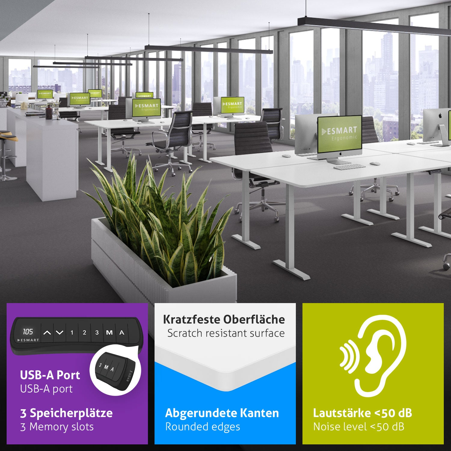 Ein Büro mit mehreren Schreibtischen, Computern und Stühlen. Eine große Pflanze im Vordergrund, mit Symbolen, die Produktmerkmale detailliert beschreiben.