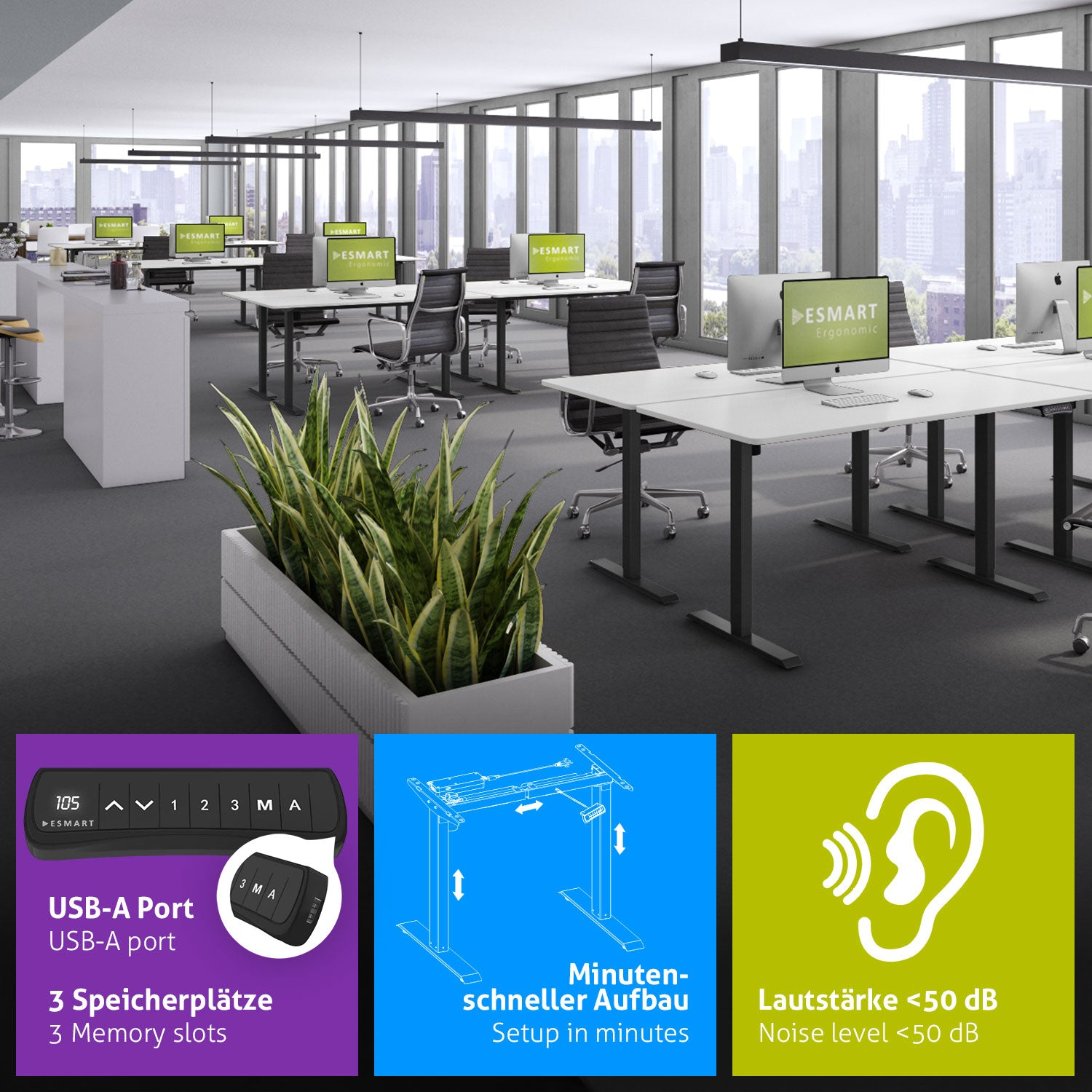 Büro mit Schreibtischen, Computern und Pflanzen. Symbole zeigen USB-Anschluss, schnellen Aufbau und Geräuschpegel. Stadtbild sichtbar.