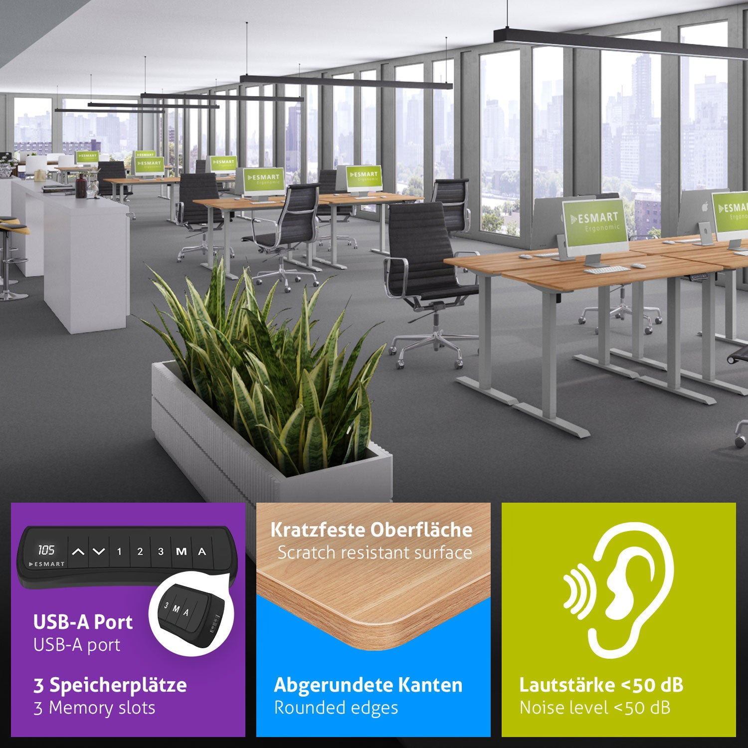 Ein Büro mit Schreibtischen, Stühlen und Computern. Davor steht eine Pflanzenbox. Details zu USB-Anschluss, abgerundeten Kanten und Geräuschpegel.