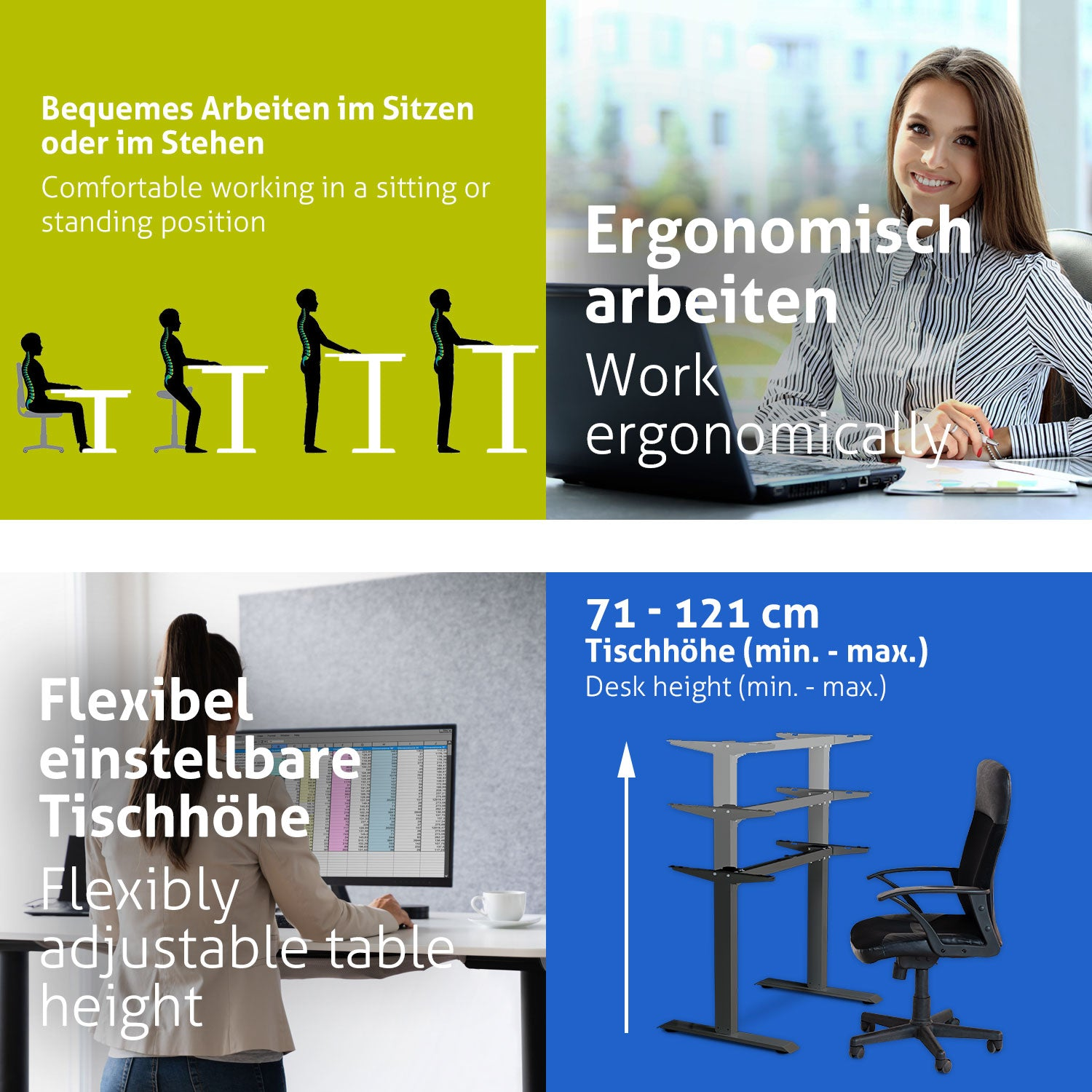 Das Bild zeigt ein ergonomisches Büro: Sitzen, Stehen und höhenverstellbare Tische, mit einer Frau, die am Schreibtisch arbeitet.