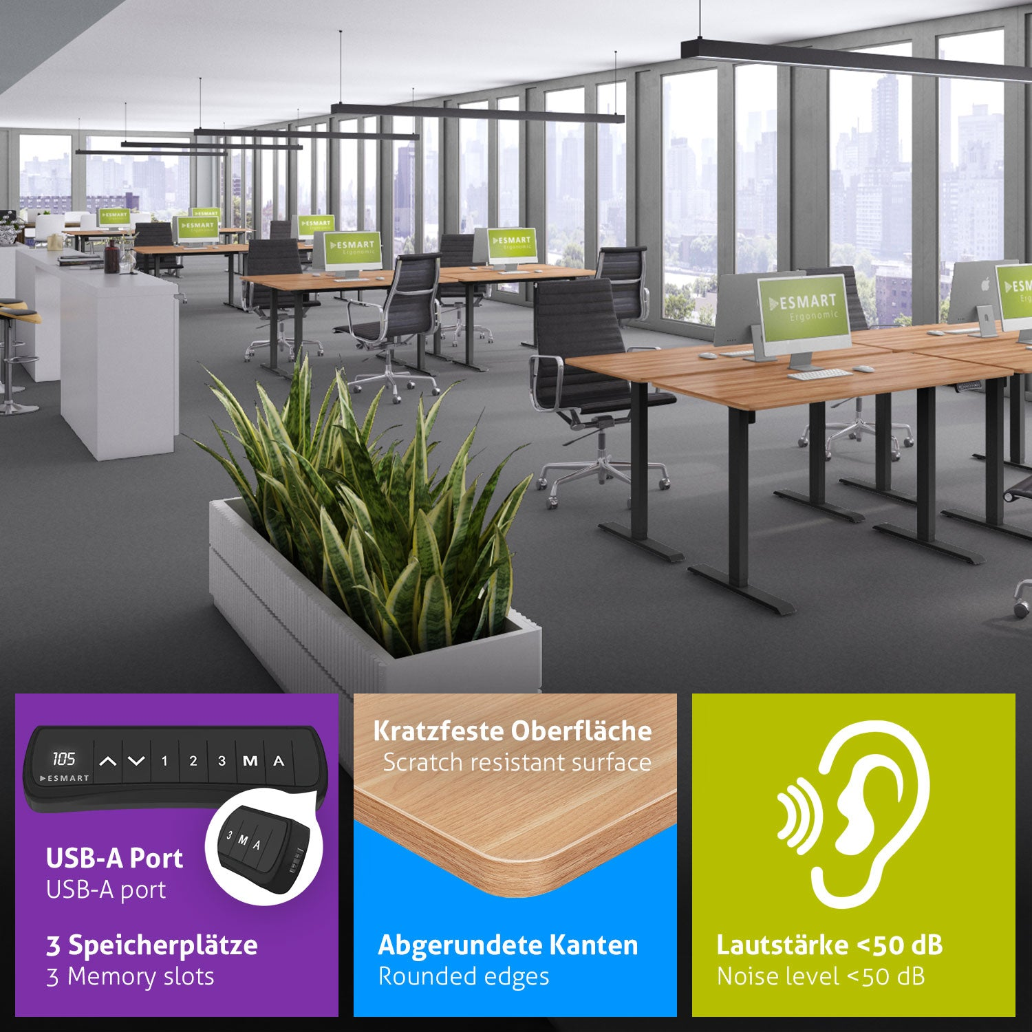 Ein Büro mit Schreibtischen, Computern und Stühlen. Im Vordergrund befindet sich eine große Pflanze. Merkmale sind USB-Anschluss, abgerundete Kanten und geringe Geräusche.