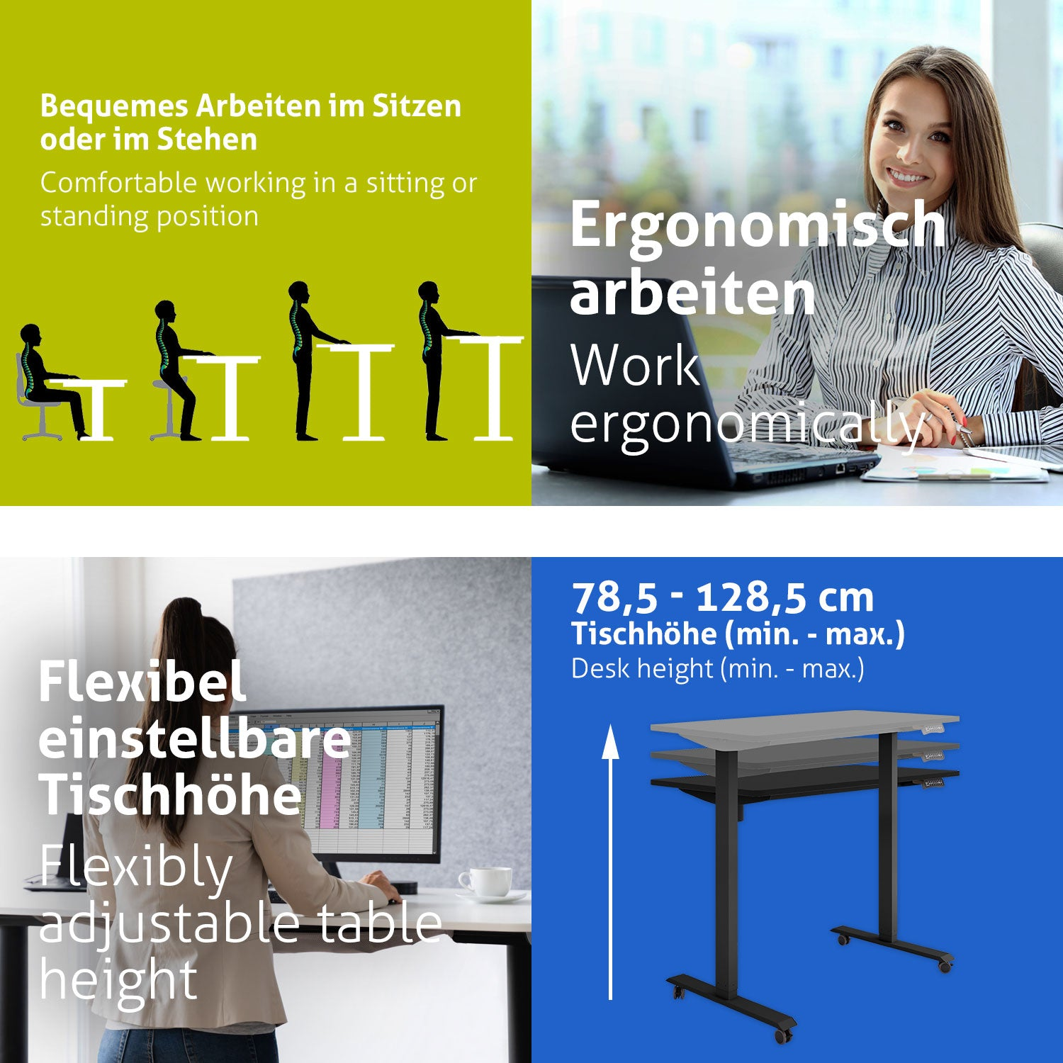 Das Bild zeigt einen ergonomischen Schreibtischaufbau. Personen sitzen und stehen an Schreibtischen. Der Schreibtisch ist höhenverstellbar.