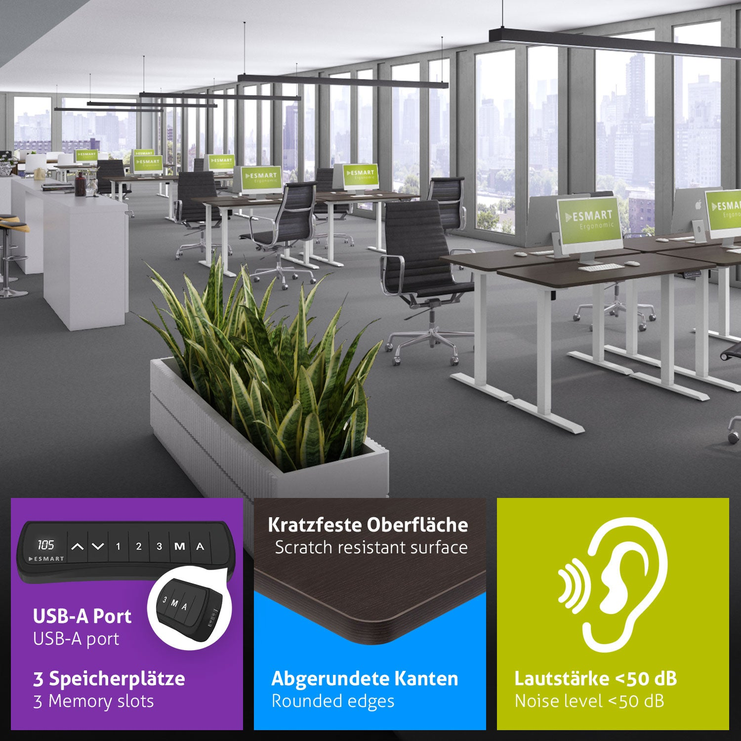 Ein Büro mit Schreibtischen, Computern und Stühlen. Ein Pflanzkasten im Vordergrund und Details zu USB-Anschluss, abgerundeten Kanten und Geräuschpegel.