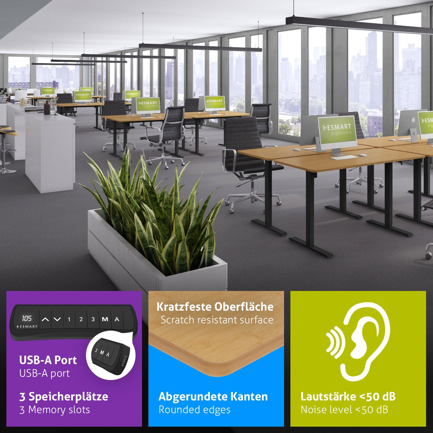 Ein Büro mit Schreibtischen, Stühlen, Computern und großen Fenstern. Pflanzen in einem weißen Pflanzgefäß im Vordergrund.