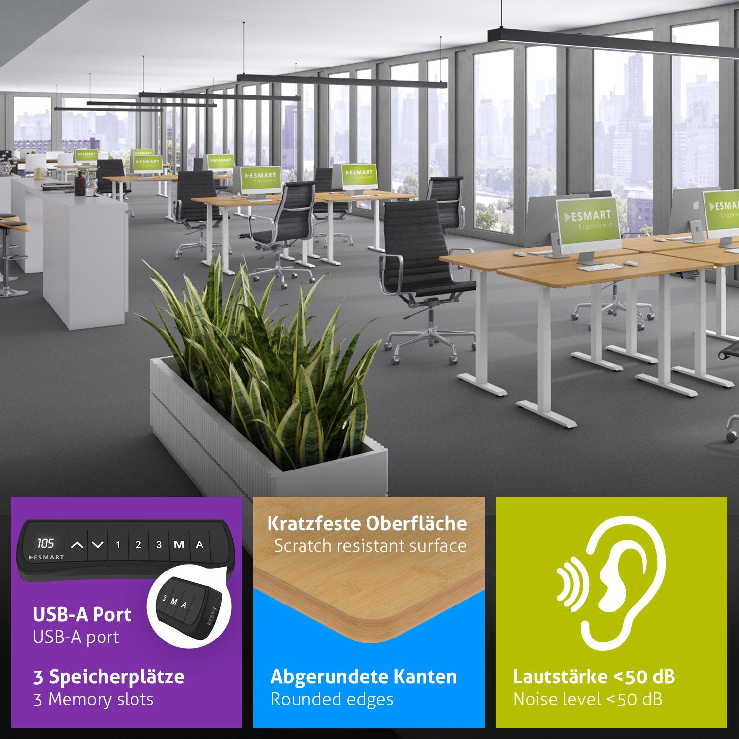 Ein Büro mit Schreibtischen, Stühlen, Pflanzen und großen Fenstern. Die Schreibtische haben Computer. Es gibt auch Infoboxen mit Funktionen.