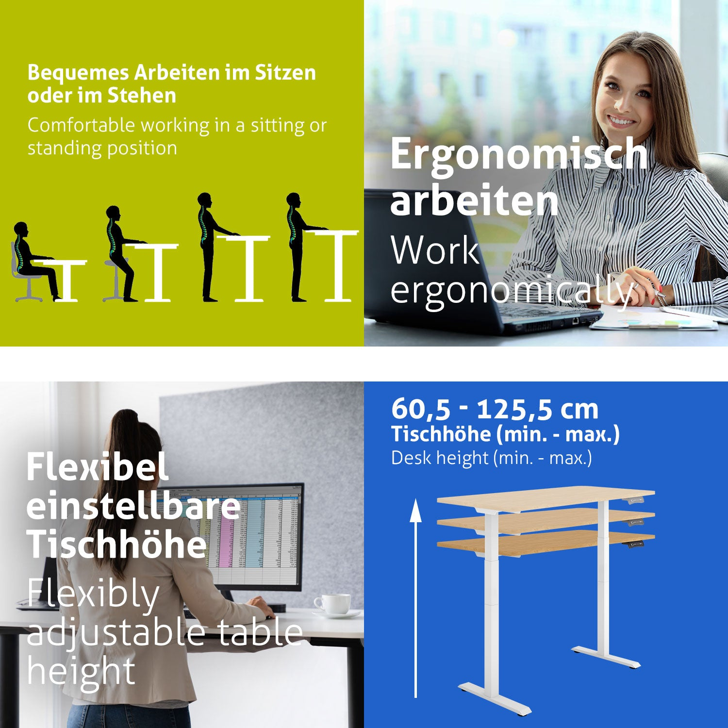Das Bild zeigt ergonomische Bürokonfigurationen: Sitzen, Stehen. Frau am Schreibtisch, höhenverstellbarer Tisch und Schreibtischhöhenbereich.