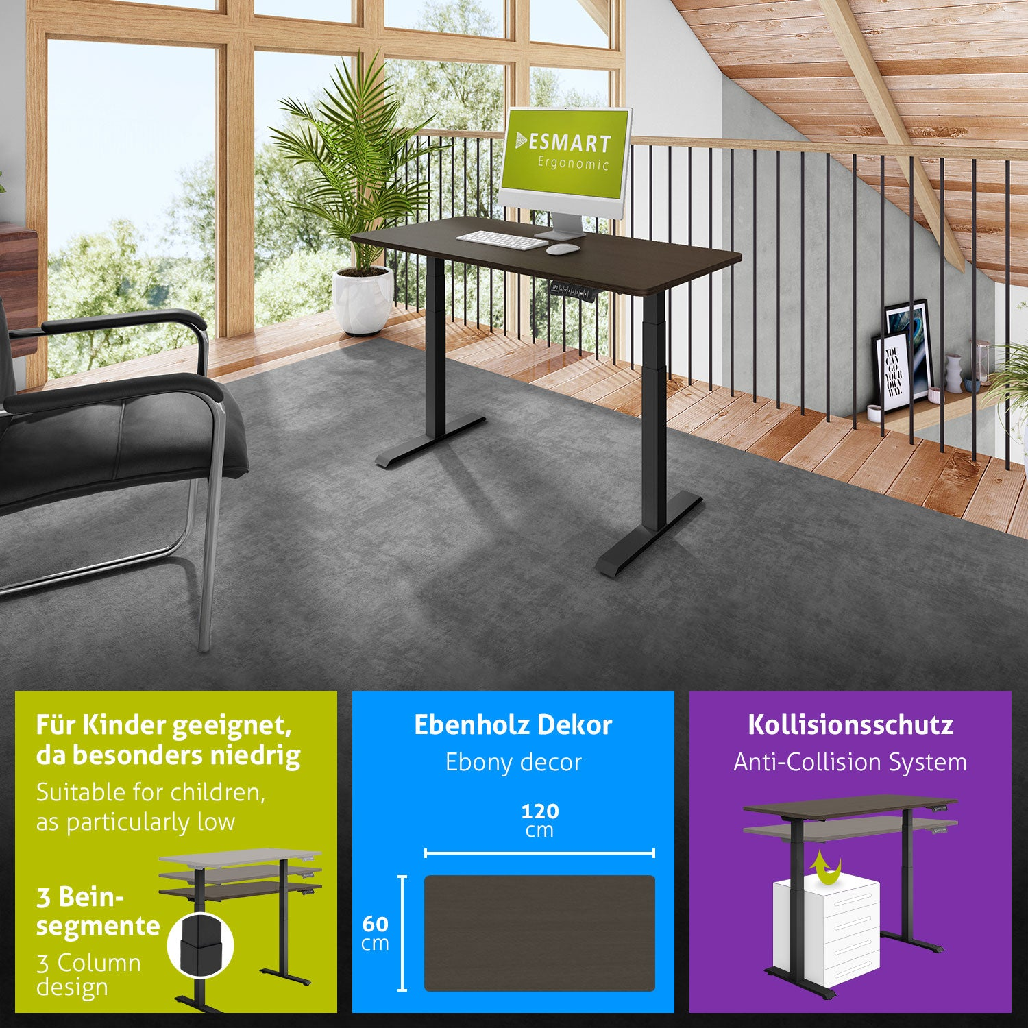 Ein moderner Büroraum mit höhenverstellbarem Schreibtisch, Stuhl und Pflanze. Der Schreibtisch hat einen Computer. Der Raum hat große Fenster.