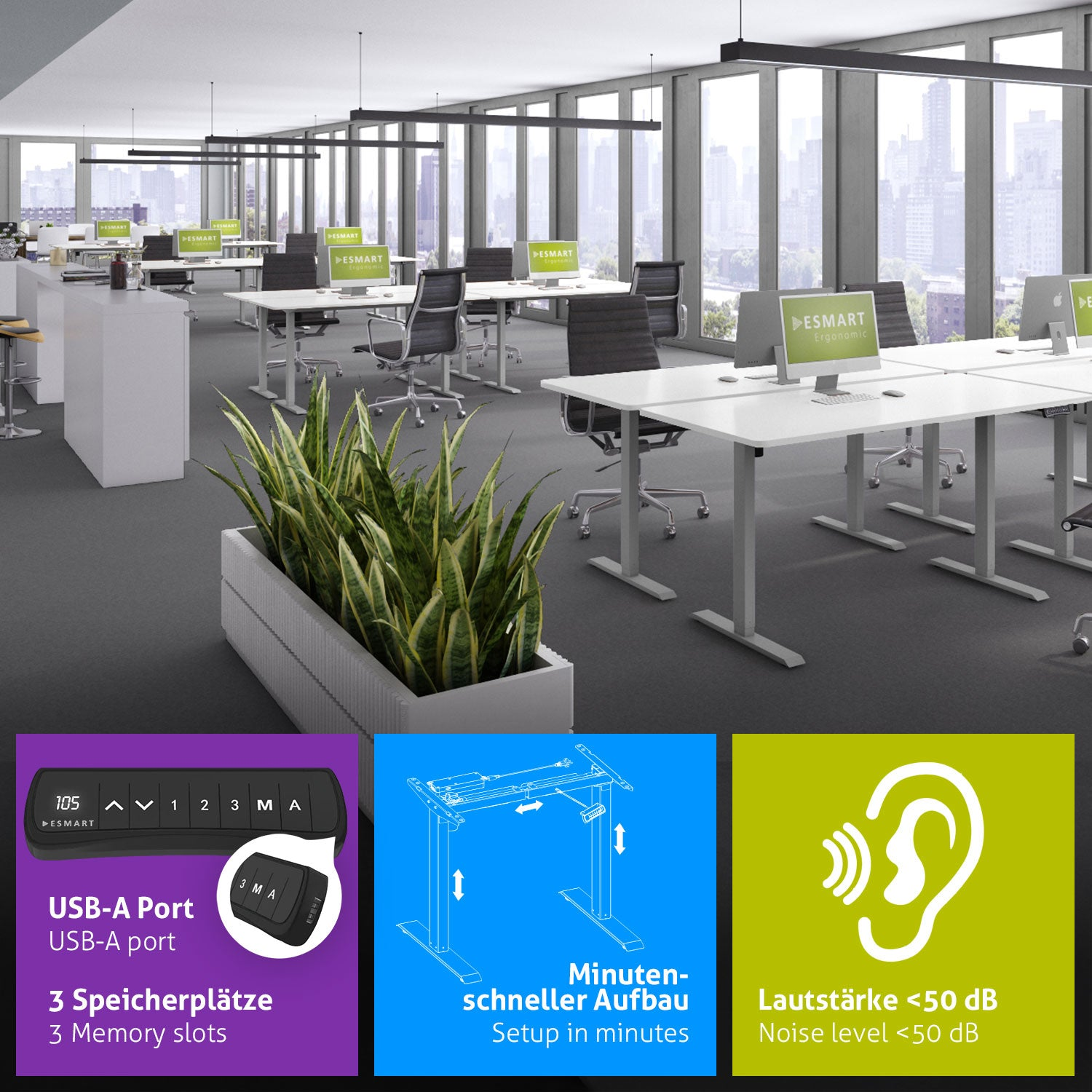Ein Büro mit Schreibtischen, Stühlen, Computern und Pflanzen. Drei Bedienfelder zeigen Funktionen wie USB, Einrichtung und Geräuschpegel.