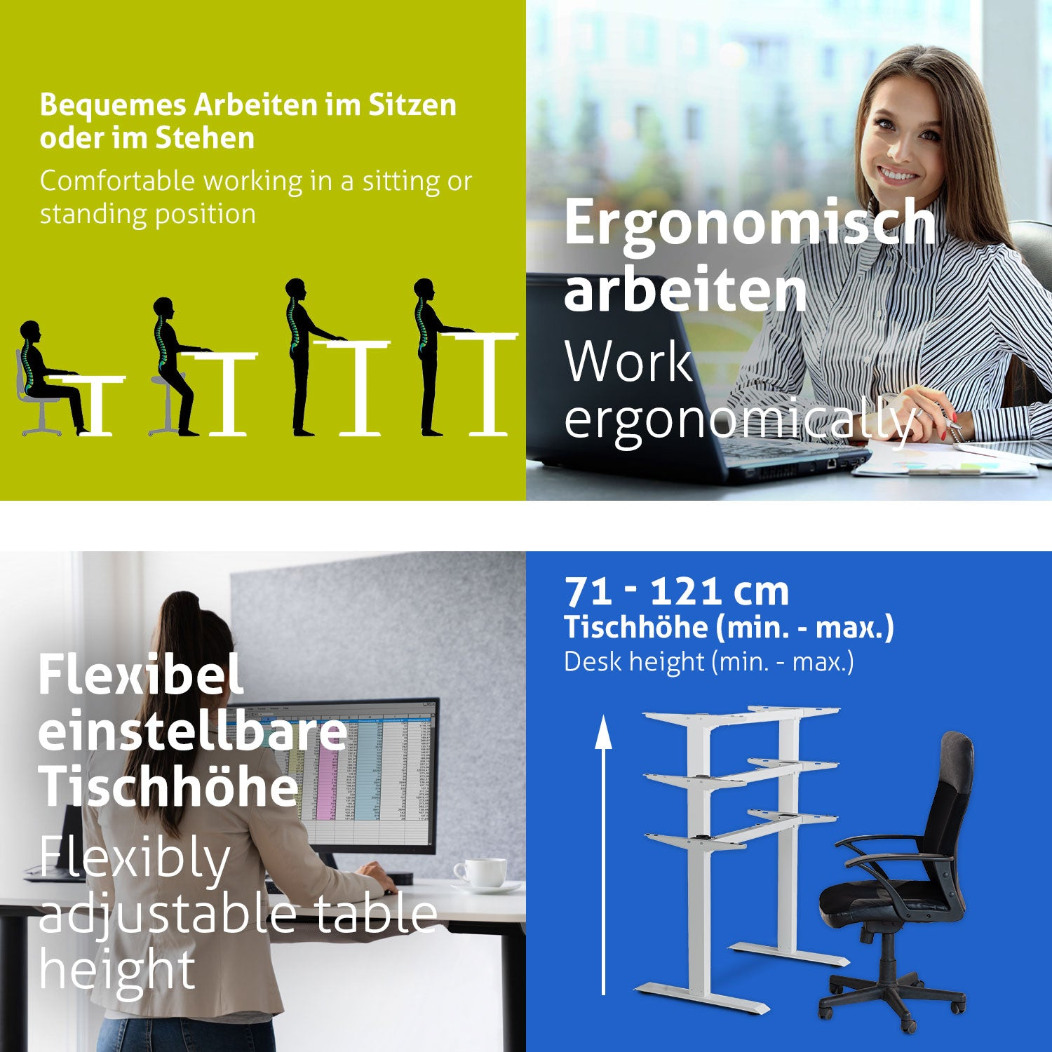 Das Bild zeigt ergonomische Bürokonzepte: Sitzen, Stehen und Schreibtischhöhenoptionen. Enthält eine arbeitende Frau, einen verstellbaren Schreibtisch und einen Stuhl.