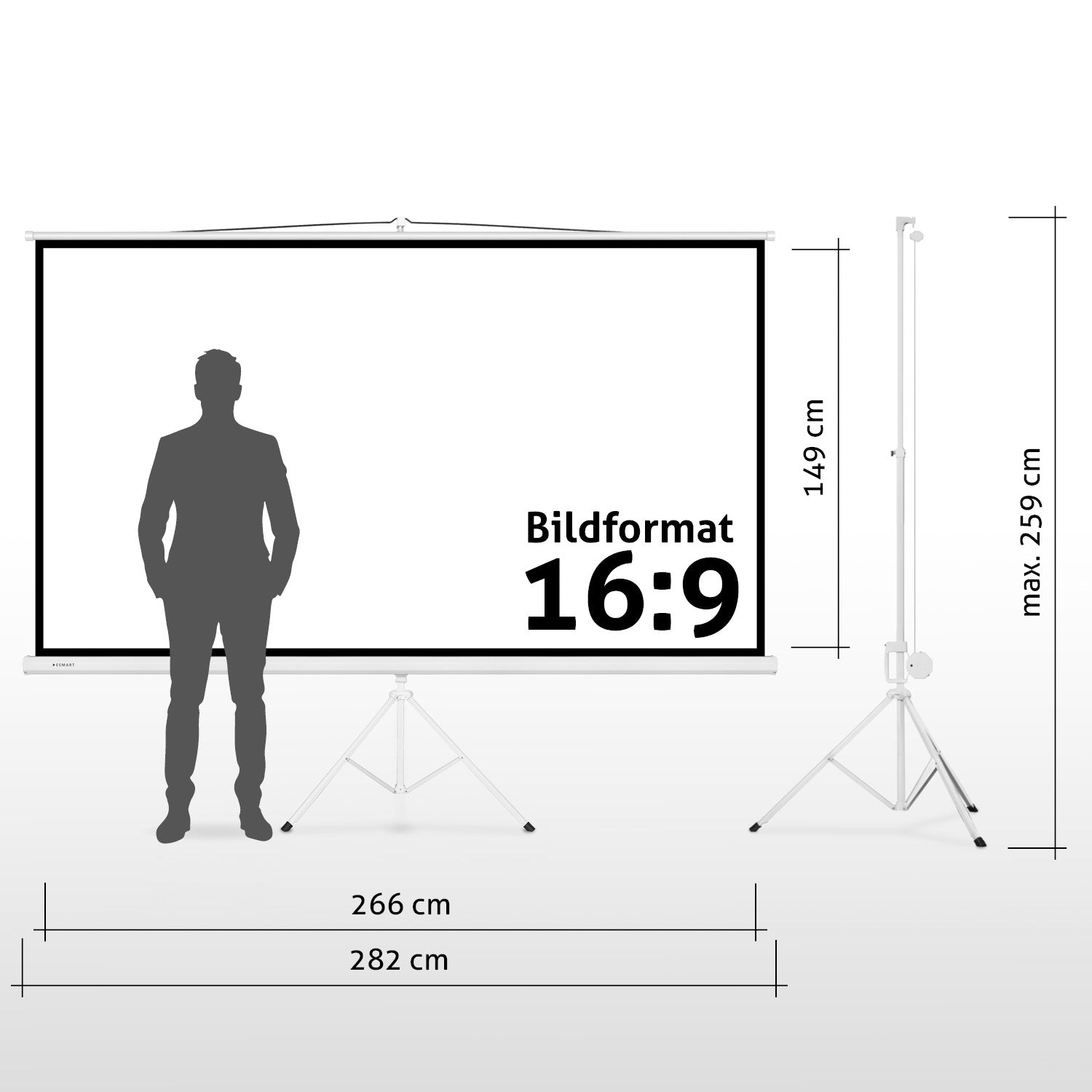 Ein Mann steht vor einer Projektorleinwand im Format '16:9'. Maße sind angegeben: 266cm, 282cm, 149cm und max. 259cm.