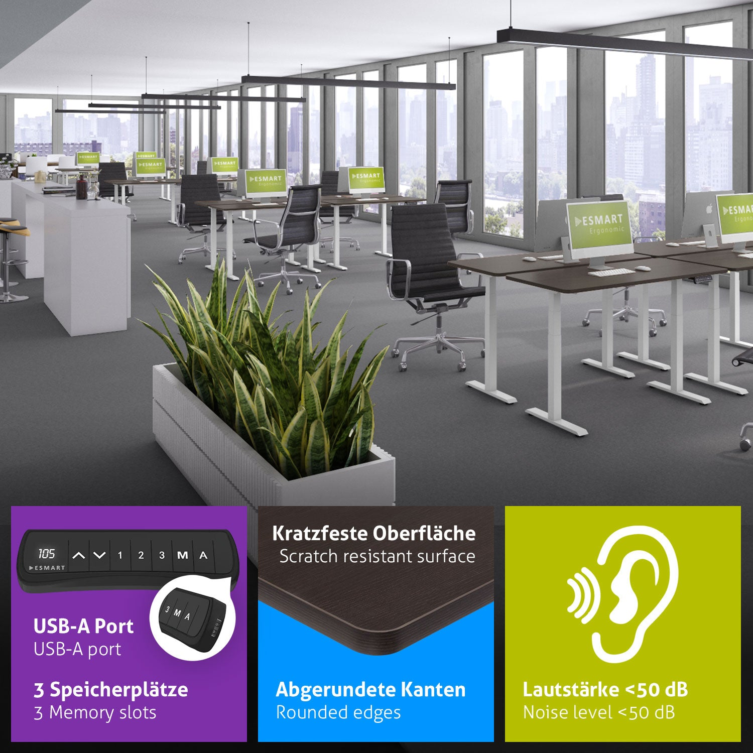 Ein Büro mit Schreibtischen, Stühlen, Pflanzen und großen Fenstern. Jeder Schreibtisch hat einen Computer. Es gibt Details zu USB-Anschluss und Geräuschpegel.