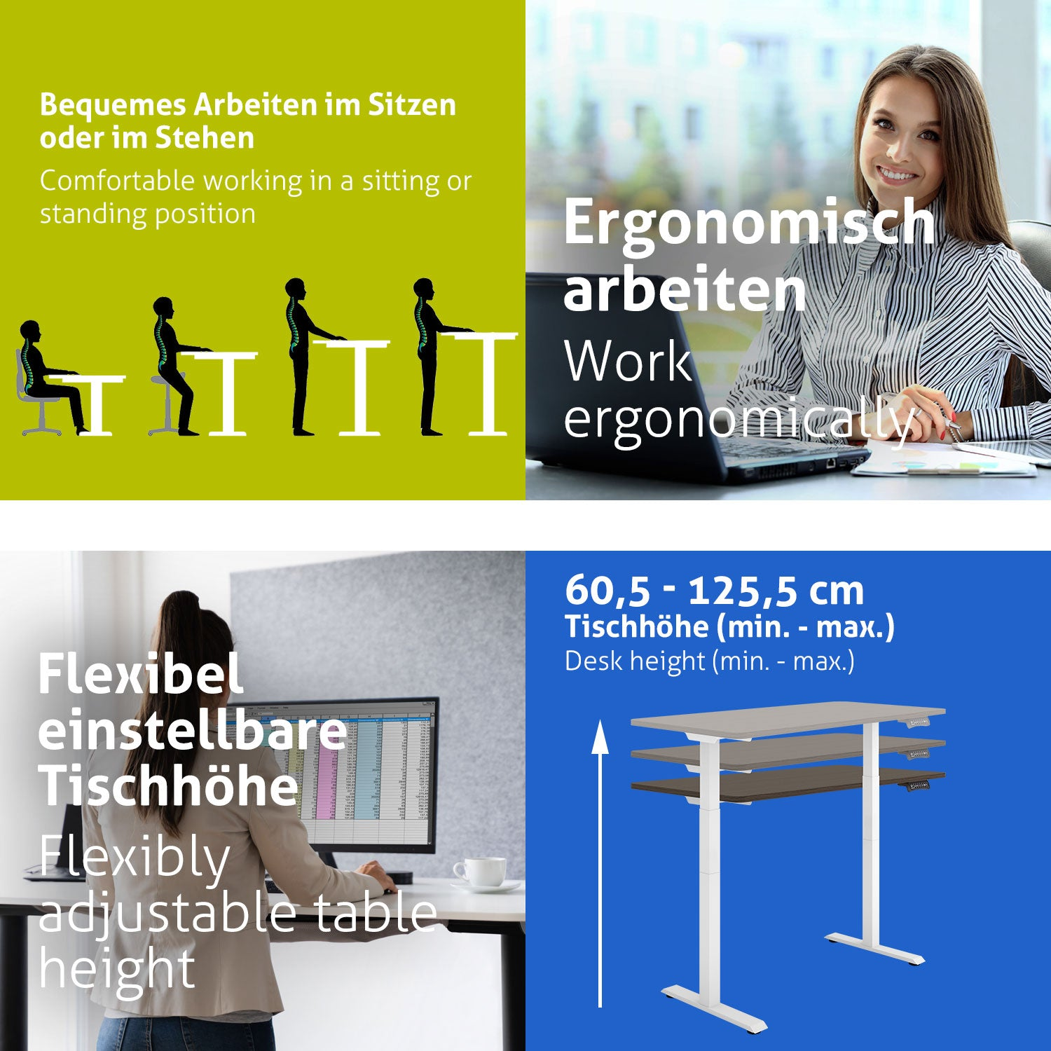 Das Bild zeigt ergonomisches Arbeiten. Es zeigt Menschen im Sitzen und Stehen, eine Frau, die an einem Laptop arbeitet, und einen höhenverstellbaren Schreibtisch.