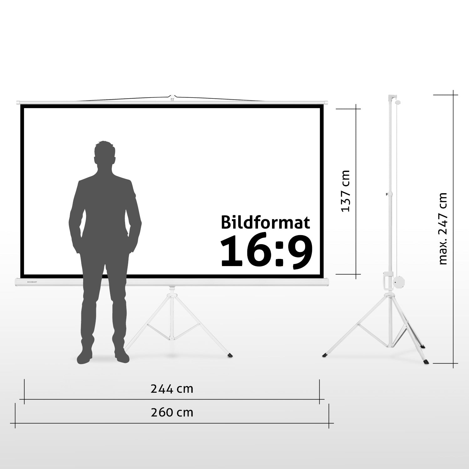Eine Männersilhouette steht vor einer Leinwand. Sie hat das Format 16:9 mit angegebenen Maßen. Ein Stativ und Maße sind ebenfalls abgebildet.