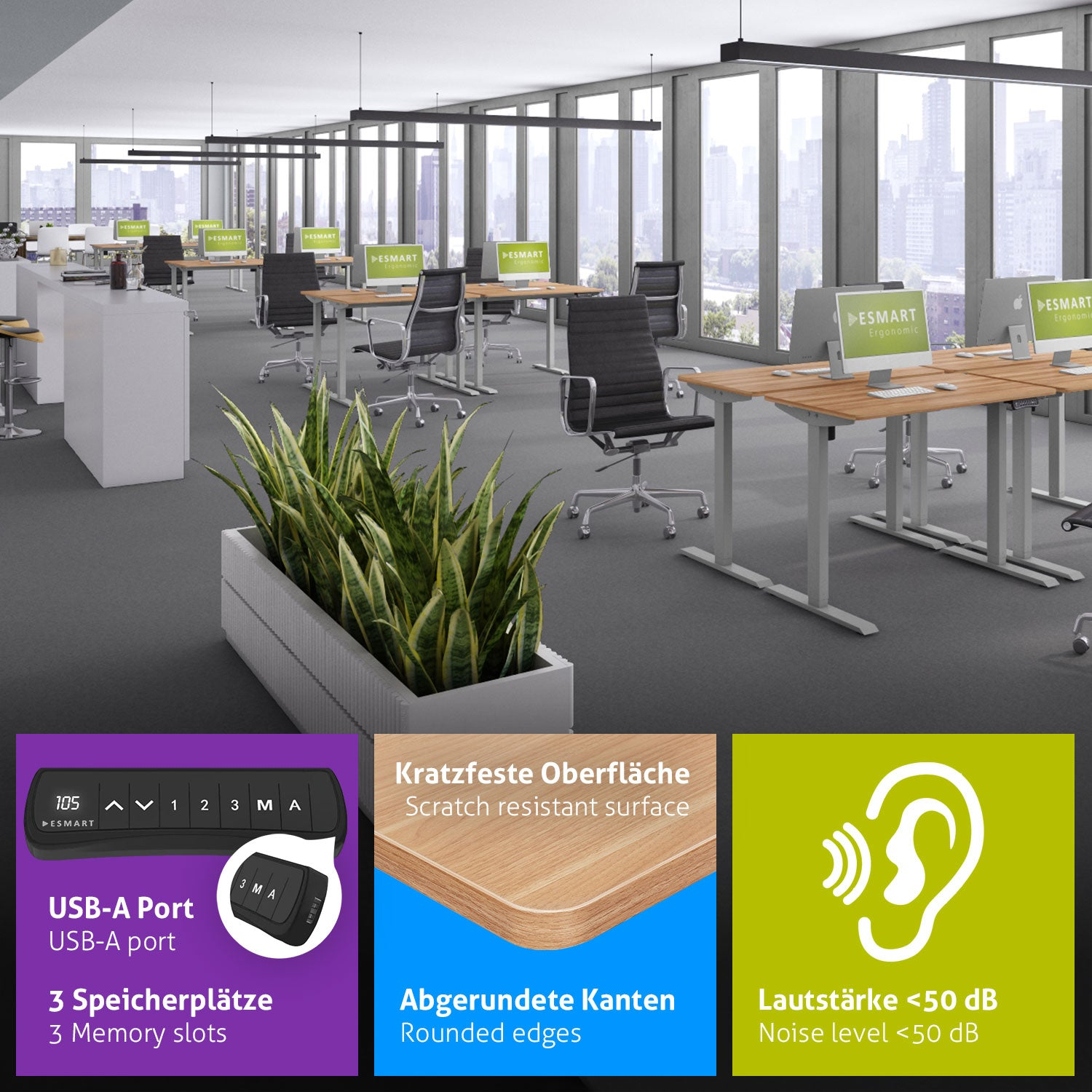 Büro mit Schreibtischen, Stühlen, Computern und Pflanzen. Merkmale: USB-Anschluss, abgerundete Kanten, Geräuschpegel unter 50 dB.