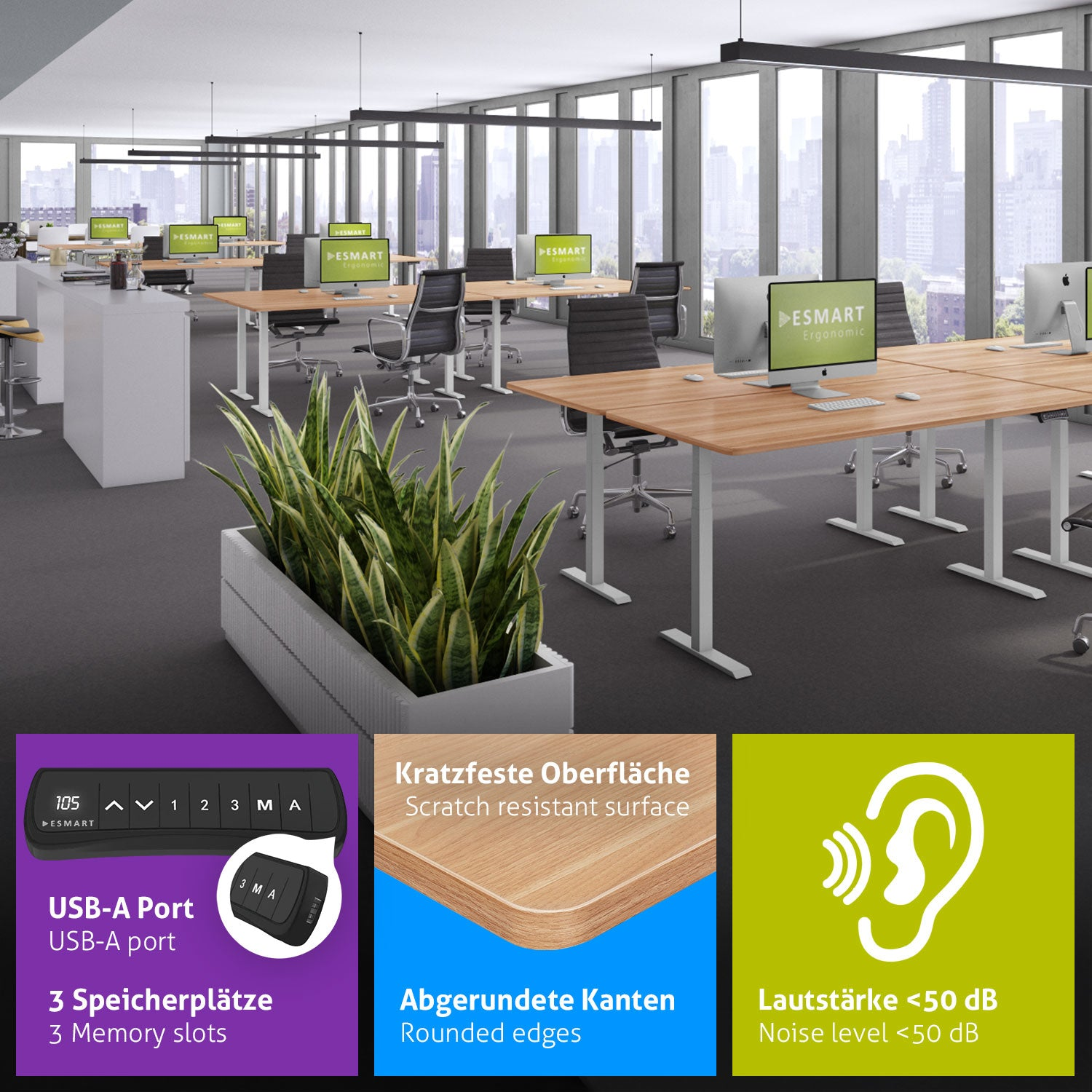 Ein Büro mit Schreibtischen, Computern und Stühlen. Eine Pflanze befindet sich im Vordergrund. Merkmale: USB-A-Anschluss, abgerundete Kanten, kratzfeste Oberfläche.