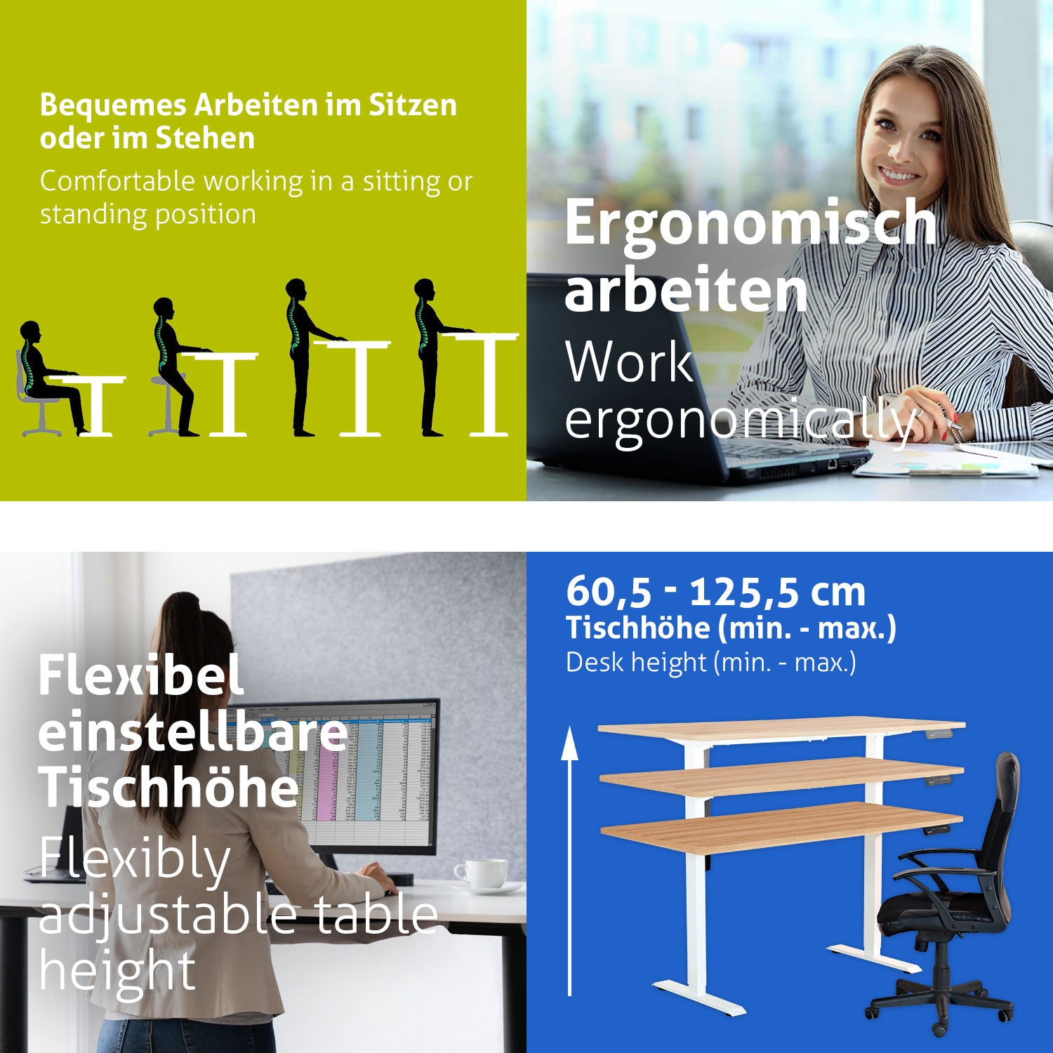 Das Bild zeigt ergonomische Bürokonfigurationen: Sitzen, Stehen und höhenverstellbare Schreibtische. Frauen arbeiten an Computern. Text in Deutsch und Englisch.