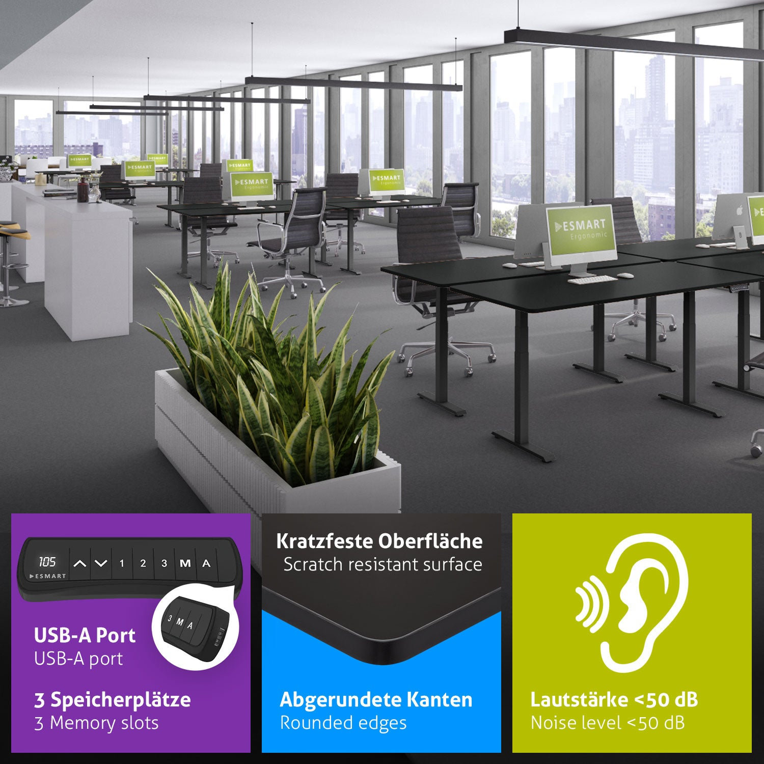 Ein Büro mit Schreibtischen, Stühlen, Computern und Pflanzen. Infotafeln zeigen Details: USB-Anschluss, Speicherplätze, abgerundete Kanten, Geräuschpegel.