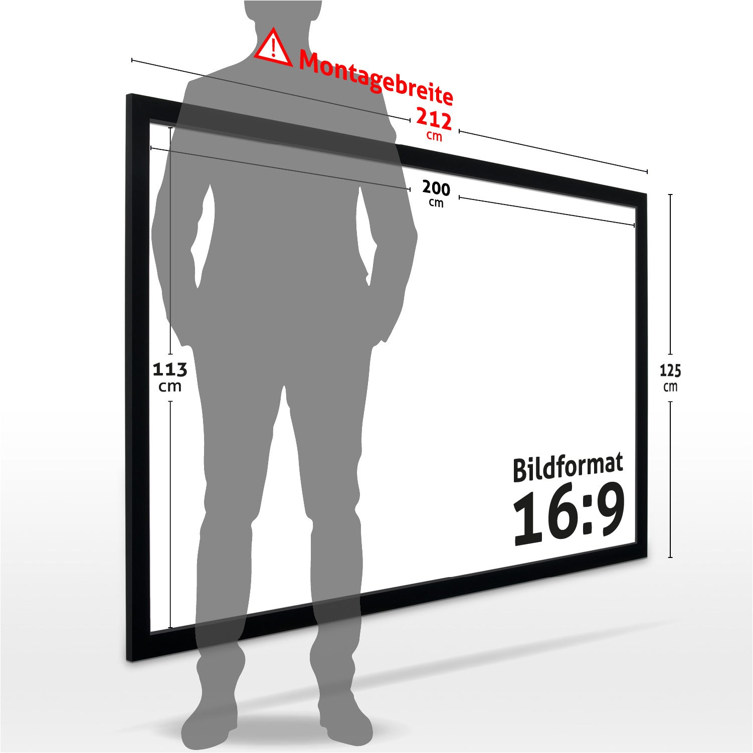 Eine personenförmige Silhouette vor einer Projektionsfläche. Abmessungen sind angegeben, Bildformat 16:9. Text ist auf Deutsch.