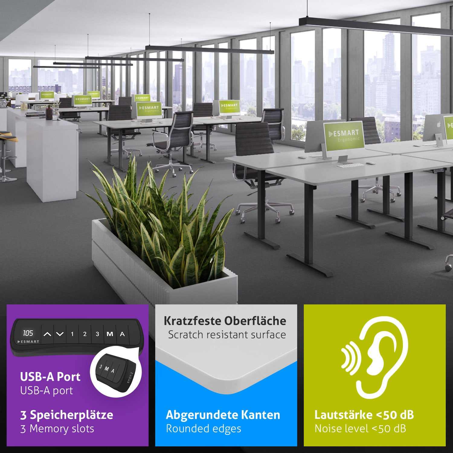 Ein Büro mit Schreibtischen, Stühlen und Computern. Eine Pflanze befindet sich im Vordergrund. Merkmale sind USB-Anschluss, kratzfeste Oberfläche und geringes Rauschen.