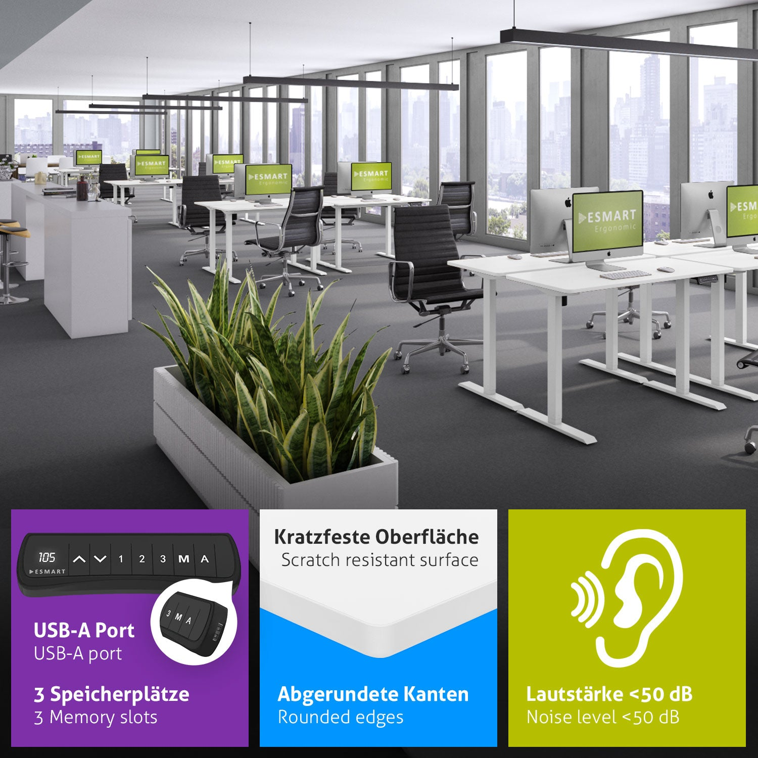 Büro mit Schreibtischen, Computern, Stühlen und Pflanzen. Infoboxen zeigen USB-Anschluss, abgerundete Kanten, Geräuschpegel unter 50 dB.