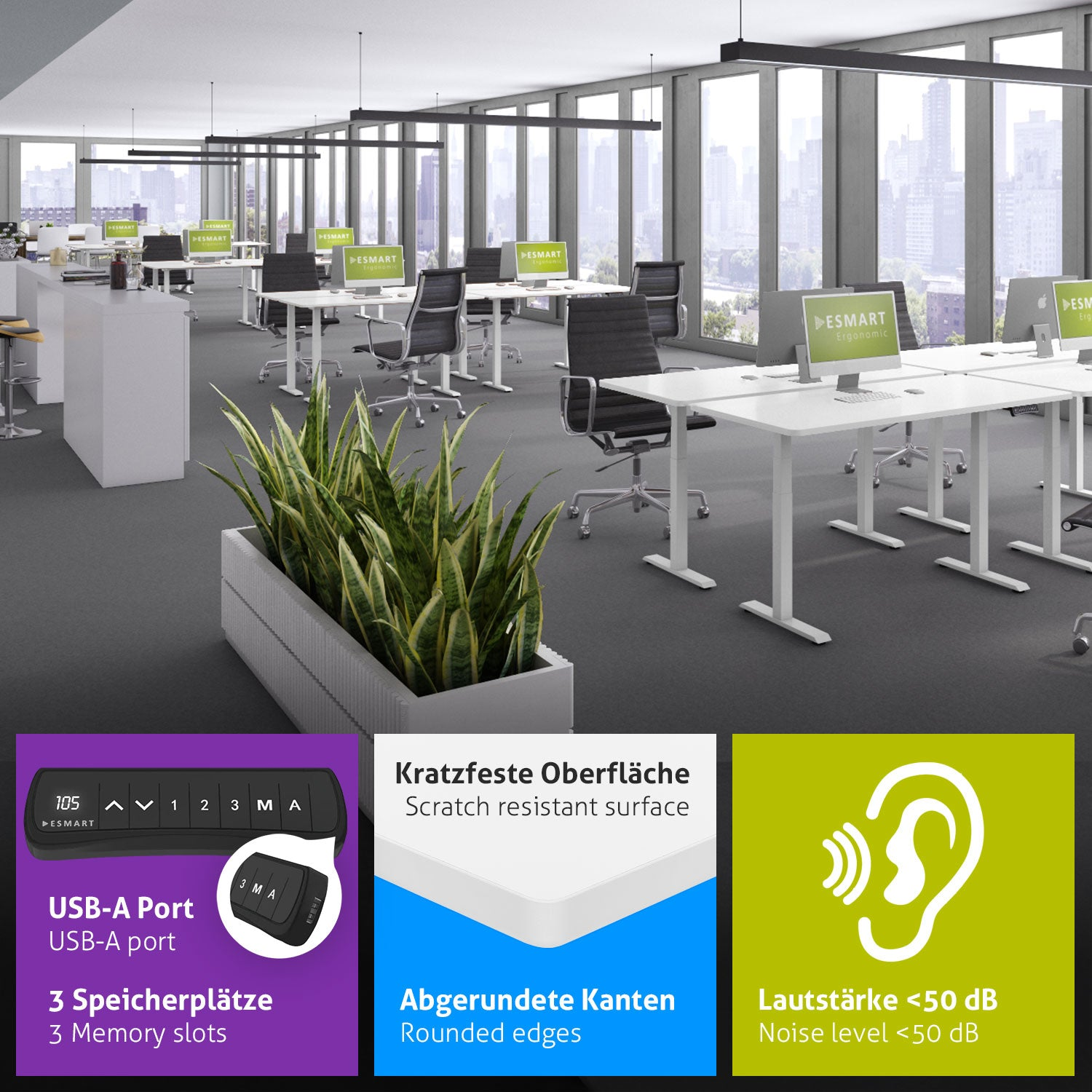 Ein Büro mit Schreibtischen, Stühlen, Computern und Pflanzen. Textfelder heben Funktionen wie USB-Anschluss, Kratzfestigkeit und geringe Geräuschentwicklung hervor.