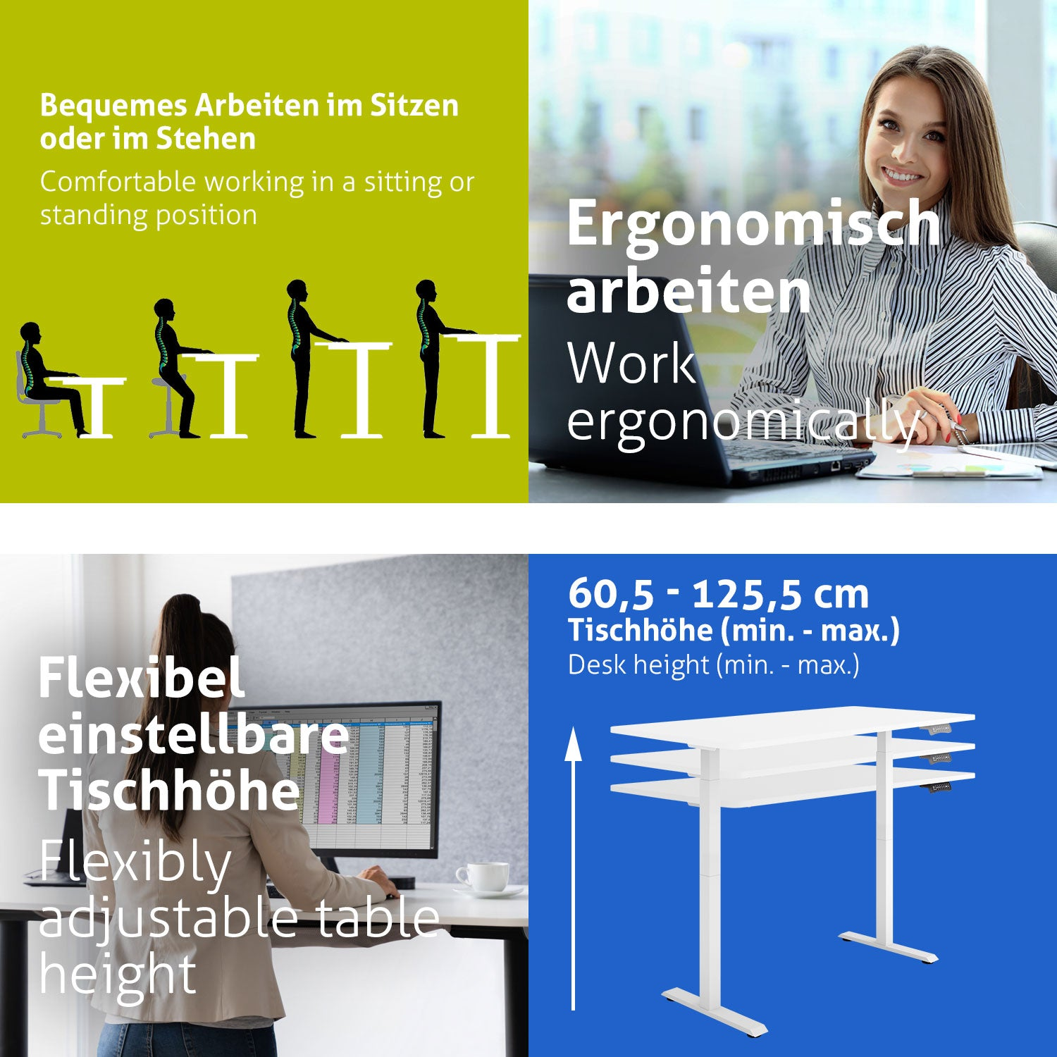 Das Bild zeigt ergonomische Arbeitskonzepte: Sitz-/Steh-Haltung, eine Frau, die an einem Laptop arbeitet, und eine verstellbare Tischhöhe.