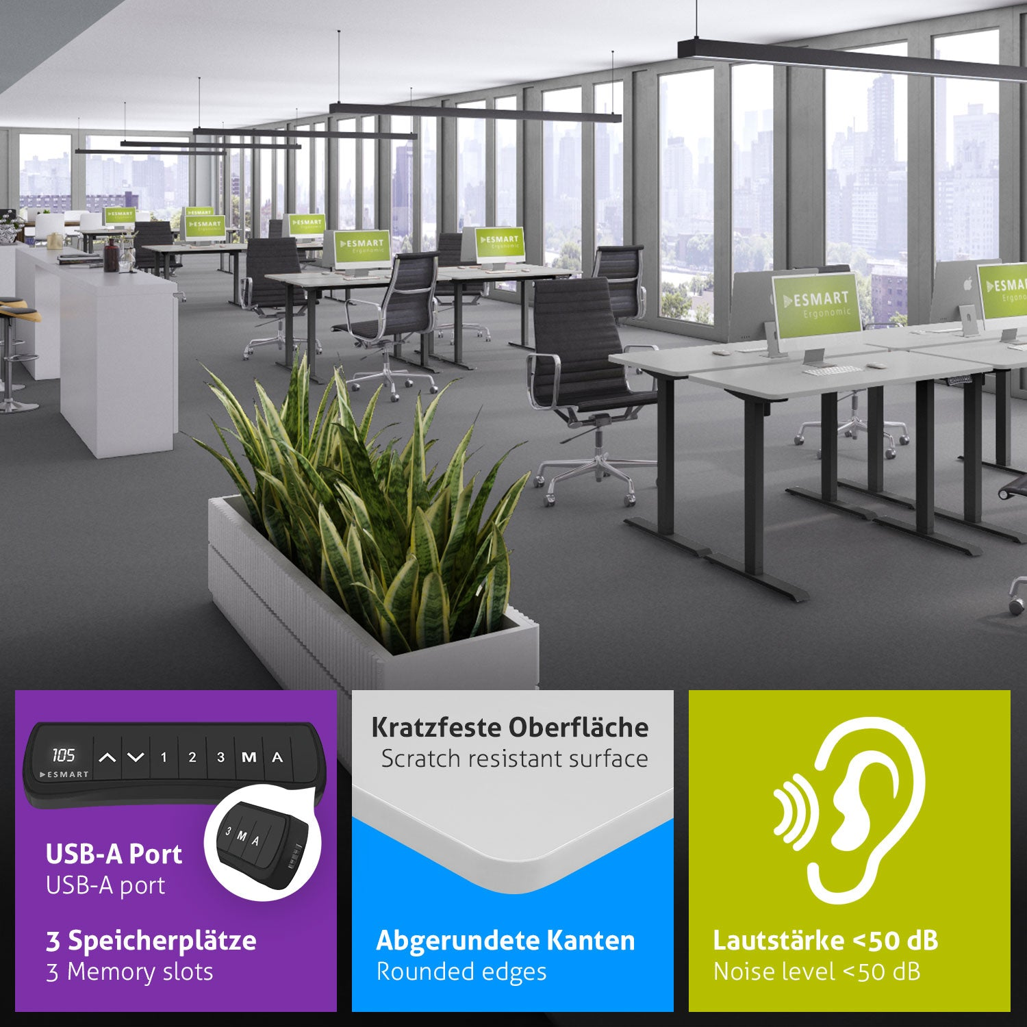 Ein Büro mit Schreibtischen, Stühlen, Computern und großen Fenstern mit Blick auf eine Stadtlandschaft. Es gibt auch Funktionen wie USB-Anschlüsse.