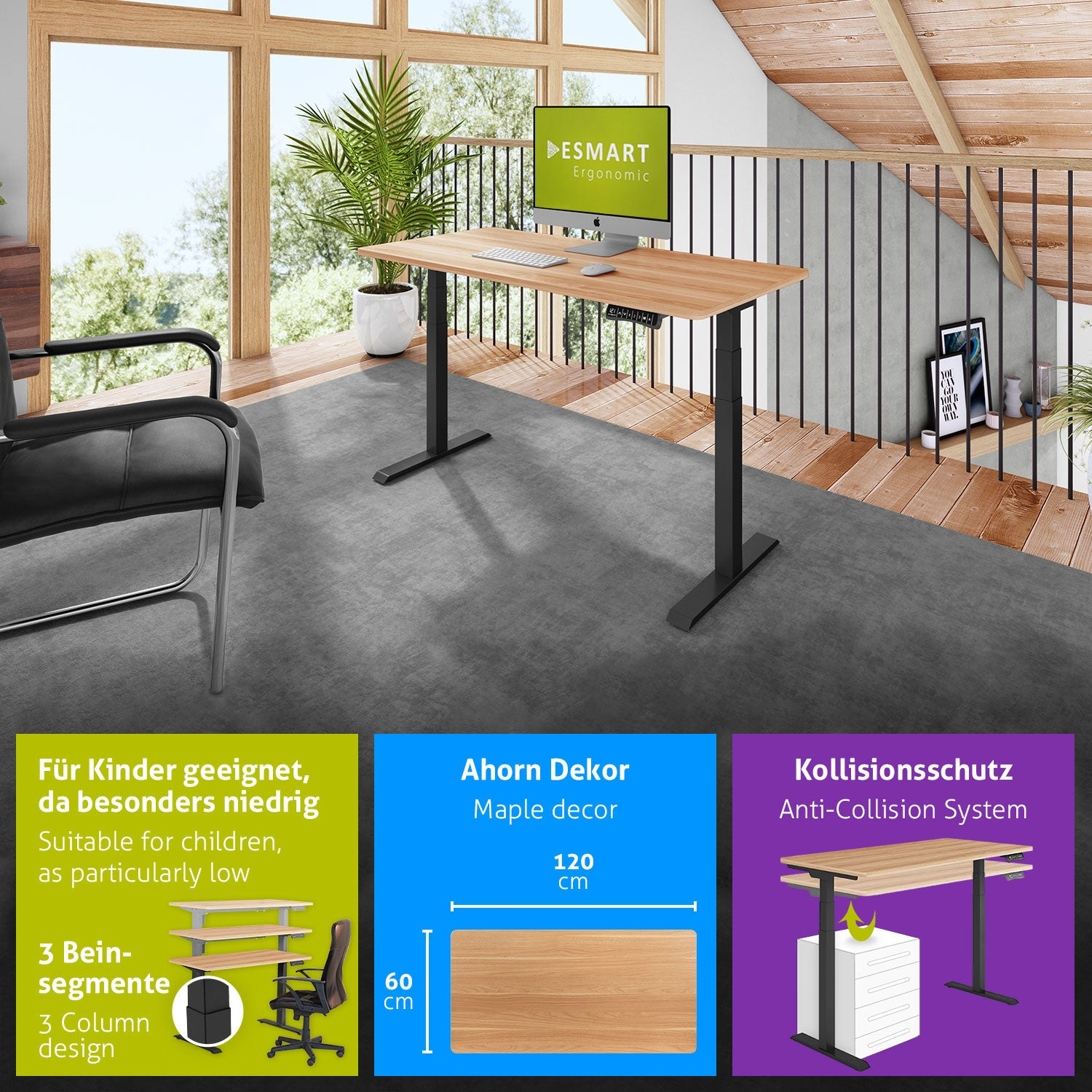 Ein höhenverstellbarer Schreibtisch mit Holzplatte und schwarzen Beinen. Es steht ein Computer darauf. Der Hintergrund umfasst ein Fenster und eine Pflanze.