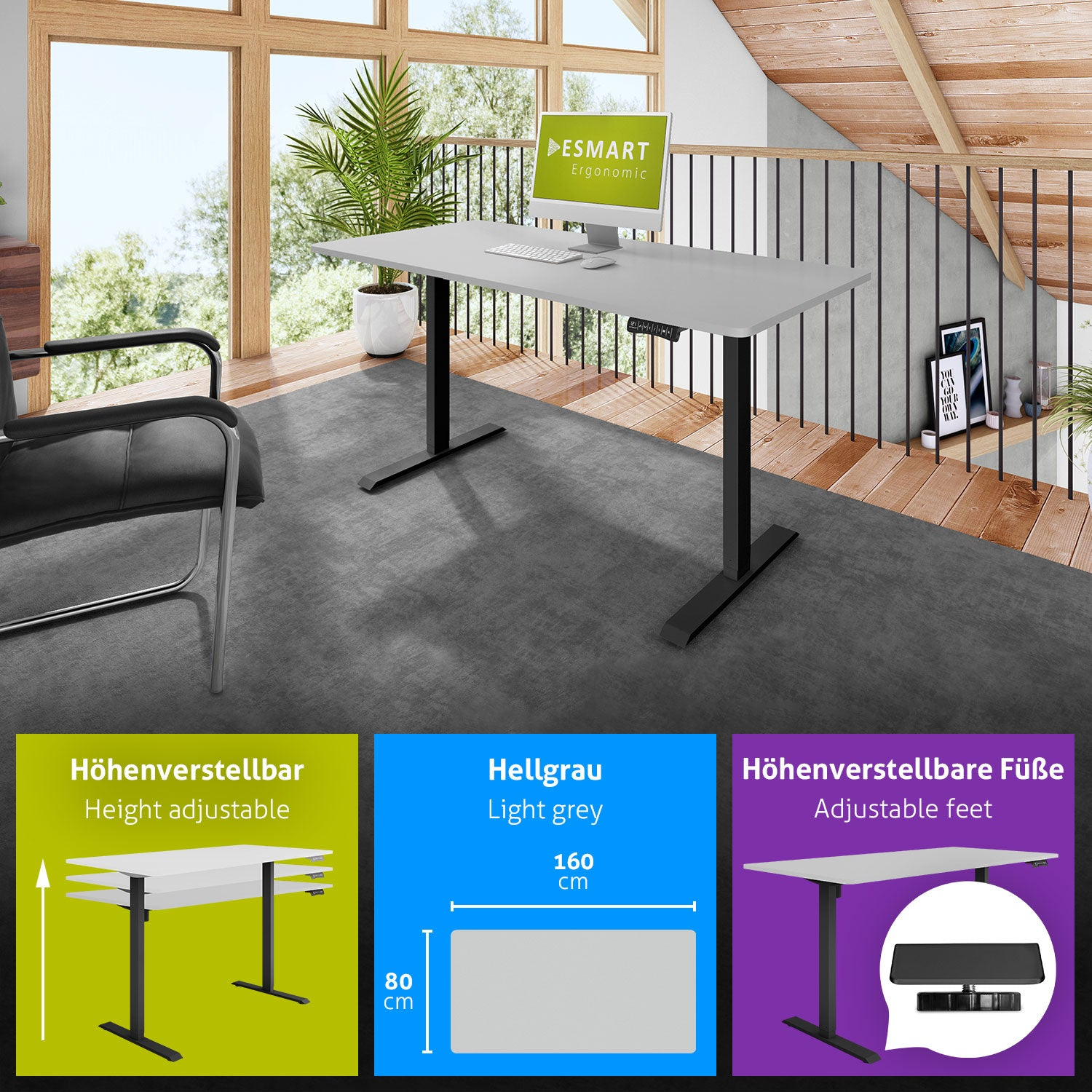 Ein höhenverstellbarer, hellgrauer Schreibtisch mit schwarzen Beinen. Auf dem Schreibtisch steht ein Computer. Der Hintergrund hat ein Fenster und einen Dachboden.