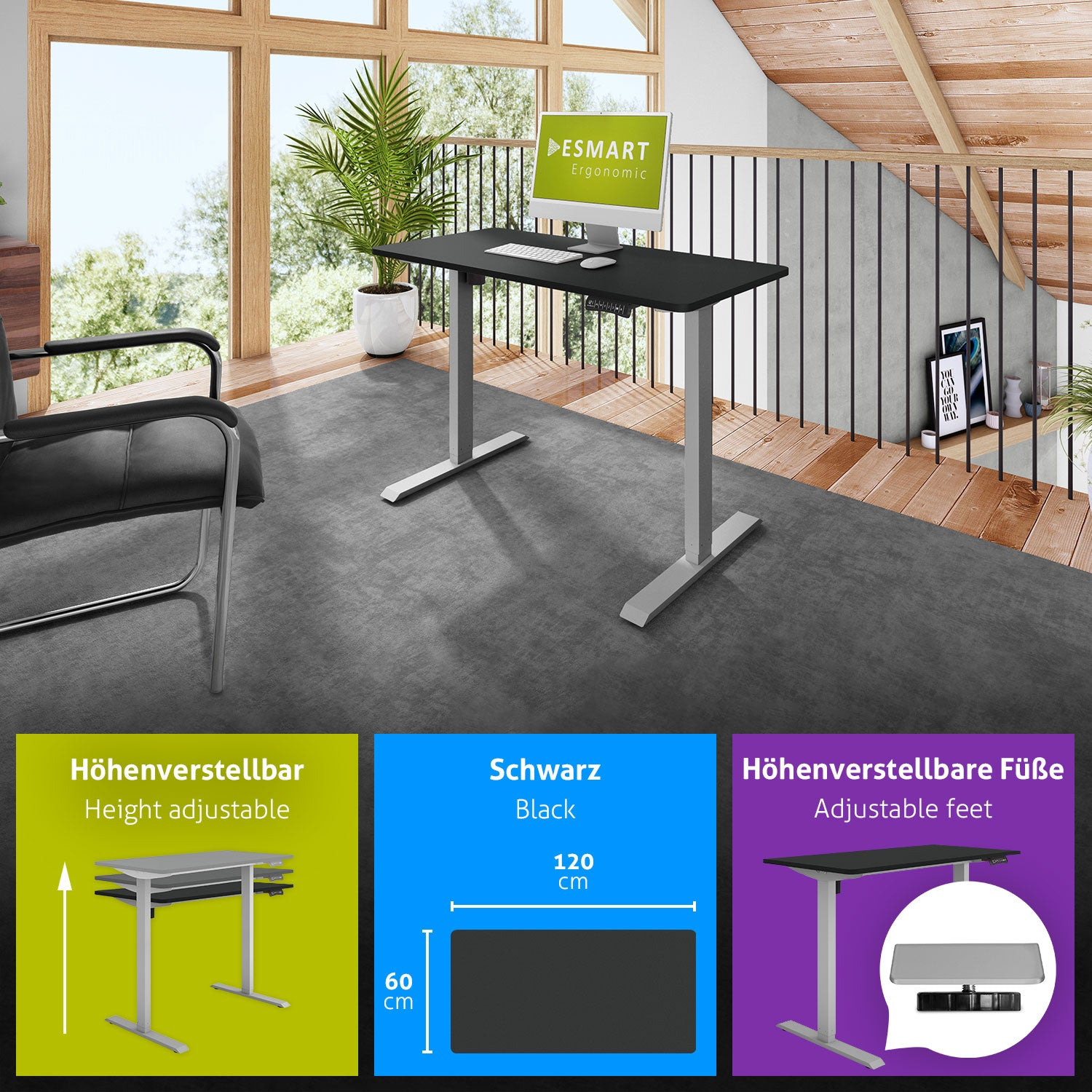 Ein modernes Büro mit schwarzem Schreibtisch, Computer, Stuhl und Pflanze. Details zur Höhenverstellung und Abmessungen sind angegeben.