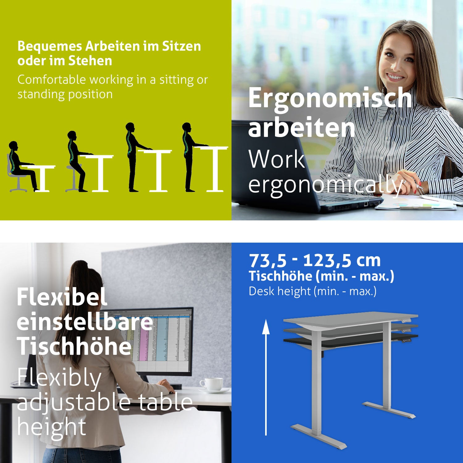 Das Bild zeigt ergonomische Schreibtischaufbauten: Sitzen, Stehen. Frau arbeitet am Schreibtisch. Verstellbarer Schreibtisch mit Höhenbereich.