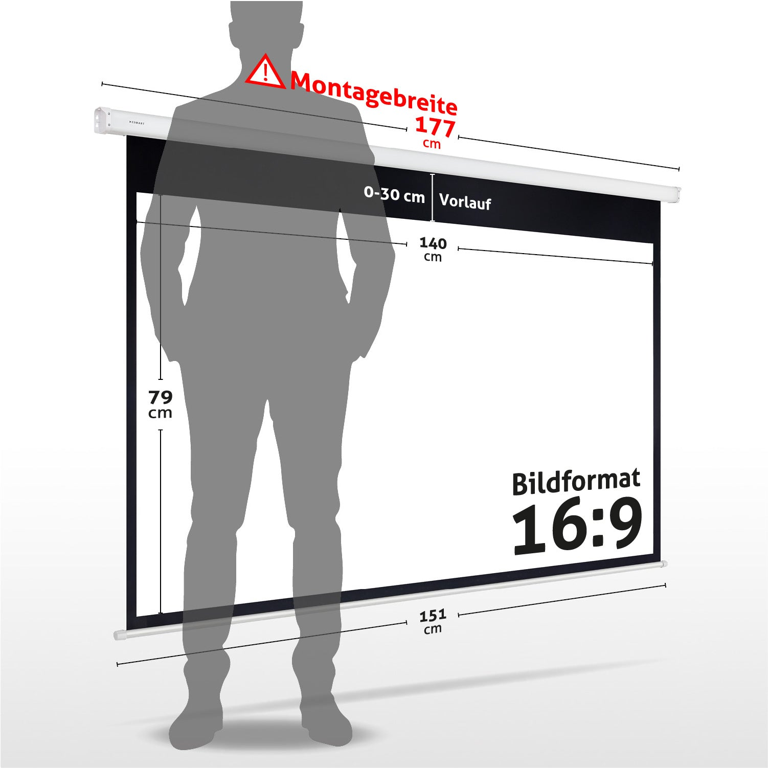 Ein Mann steht vor einer Projektionsfläche. Abmessungen sind beschriftet, einschließlich 16:9-Format und 177 cm Breite.