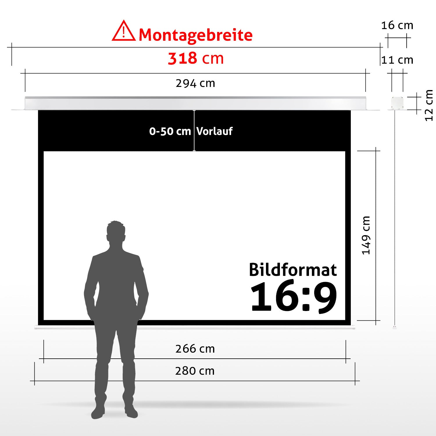 Diagramm einer Projektorleinwand mit Maßen. Eine Person Silhouette steht davor. Text enthält 'Montagebreite' und '16:9'.