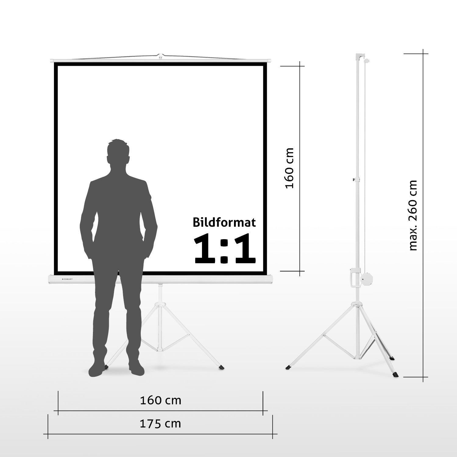 Ein Mann steht vor einer Projektorleinwand. Abmessungen sind angegeben, einschließlich 160 cm für Breite und Höhe. Daneben ein Stativ.