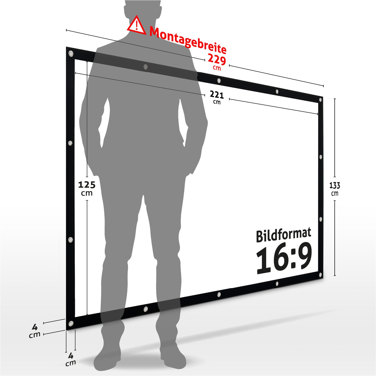 Eine Person steht vor einer Projektionsleinwand. Maße sind beschriftet: 229 cm Breite, 221 cm Höhe und 16:9 Seitenverhältnis.