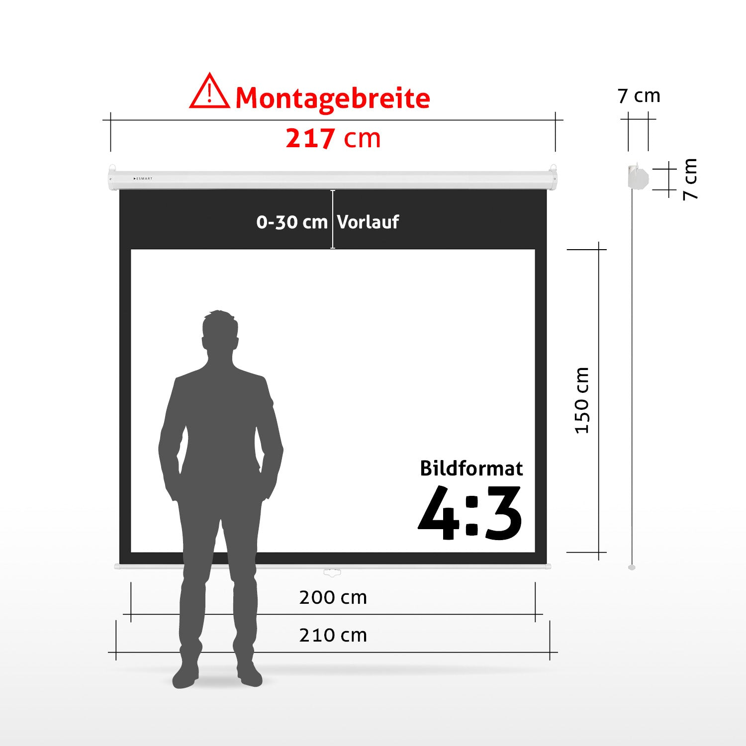 Diagramm einer Projektorleinwand mit Abmessungen. Eine Person steht vor der Leinwand. Text enthält Größe und Maße.